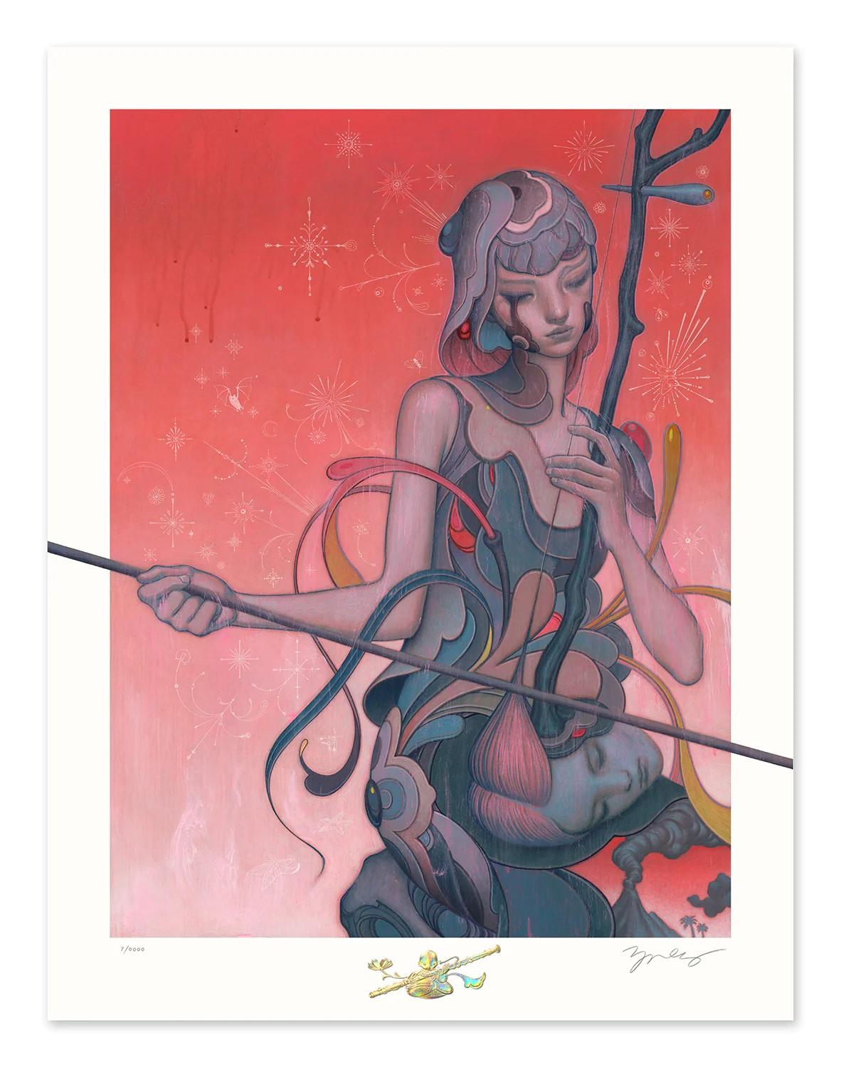 Erhu is a signed and numbered time-limited edition of giclée prints. The erhu, or spike fiddle, typically has two strings, but the instrument being played here is missing a tuning spike. Perhaps the other spike was used to silence the lover, and now