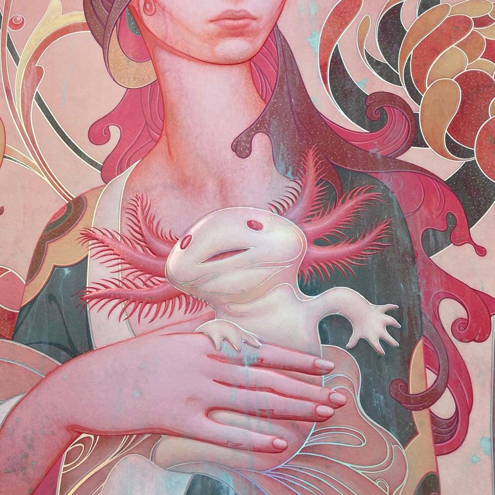 Lady with an Axolotl is an homage to the painting Lady with an Ermine by Leonardo da Vinci. The axolotl is a salamander native to Mexico with the incredible ability to regrow its limbs, spinal cord, tail, and even portions of its brain. Hence, this