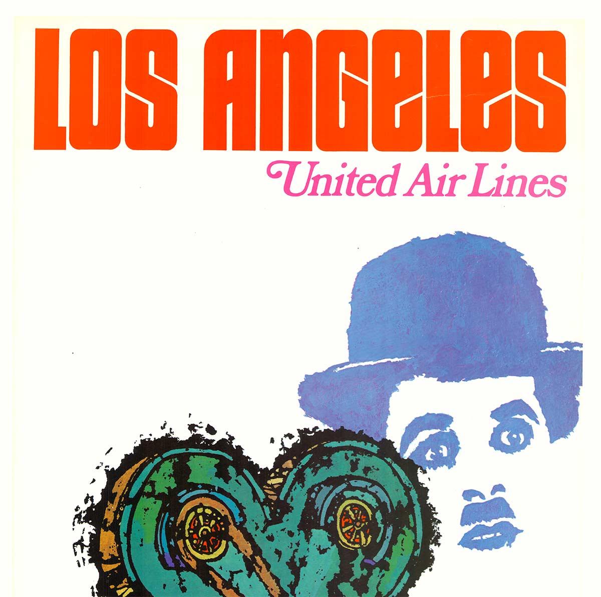 Poster di viaggio originale della United Air Lines di Los Angeles, Charlie Chaplin, vintage - Print di James Jebary