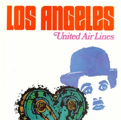 Poster di viaggio originale della United Air Lines di Los Angeles, Charlie Chaplin, vintage