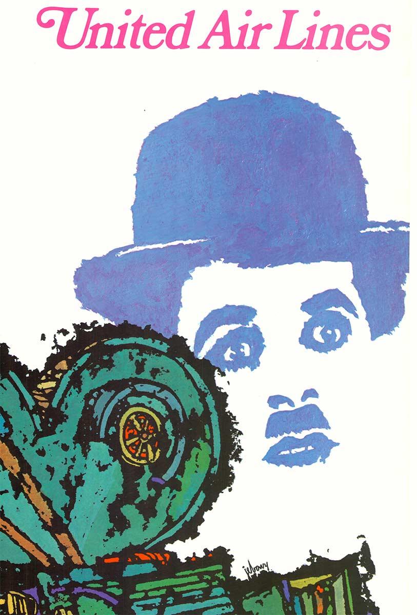Poster di viaggio originale della United Air Lines di Los Angeles, Charlie Chaplin, vintage - Figurative Print Grigio di James Jebary