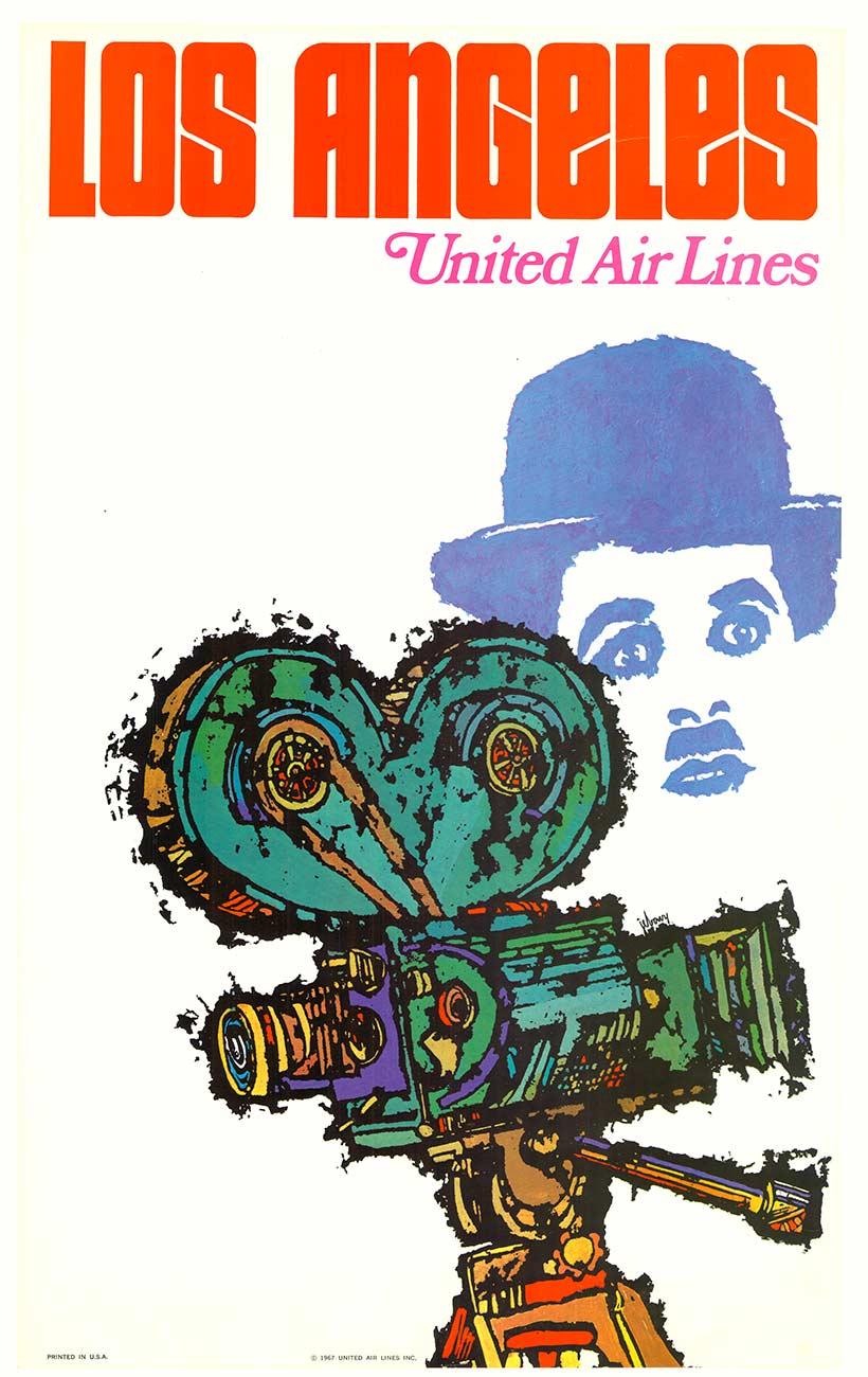 Figurative Print di James Jebary - Poster di viaggio originale della United Air Lines di Los Angeles, Charlie Chaplin, vintage