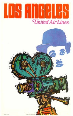 Original Los Angeles United Air Lines, Charlie Chaplin, cartel de viaje de época