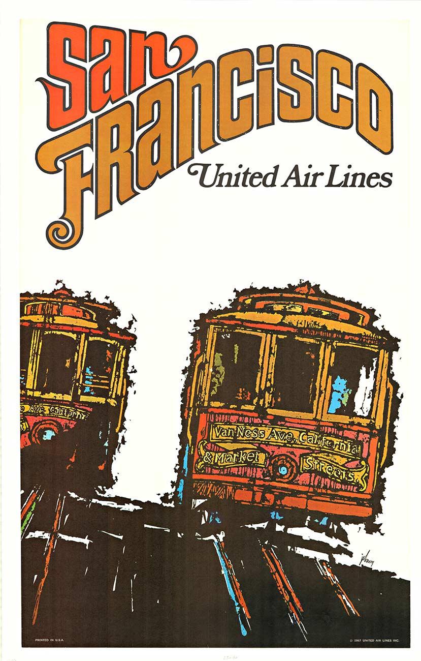 Cartel de viaje de época original de United Air Lines de San Francisco  mediados de siglo