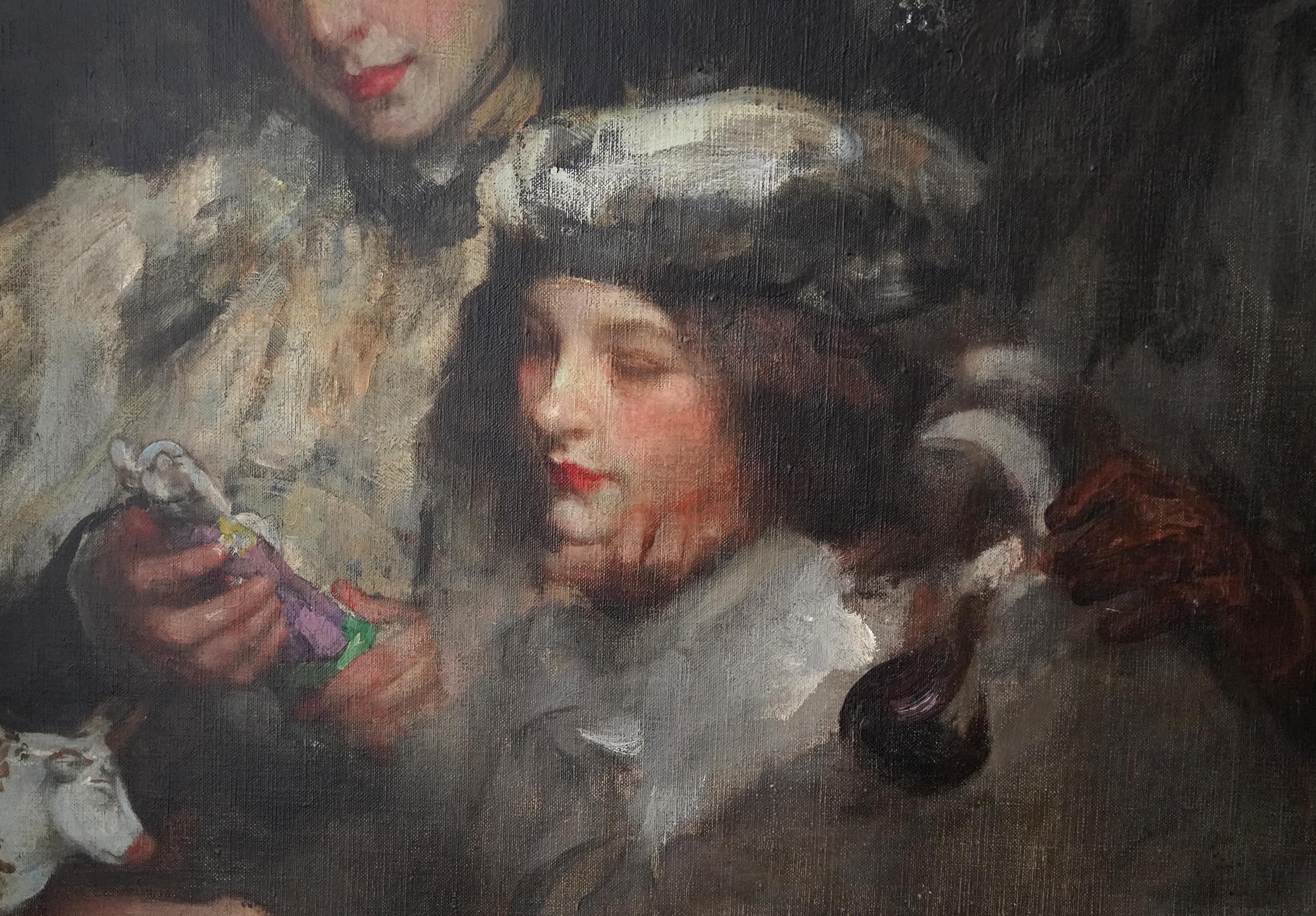 Dieses atemberaubende britisch-amerikanische impressionistische Porträtgemälde in Öl auf Leinwand stammt von Sir James Jebusa Shannon aus der Zeit um 1905. Das Gemälde zeigt den Künstler mit seiner Frau Florence und seiner Tochter Kitty. Shannon