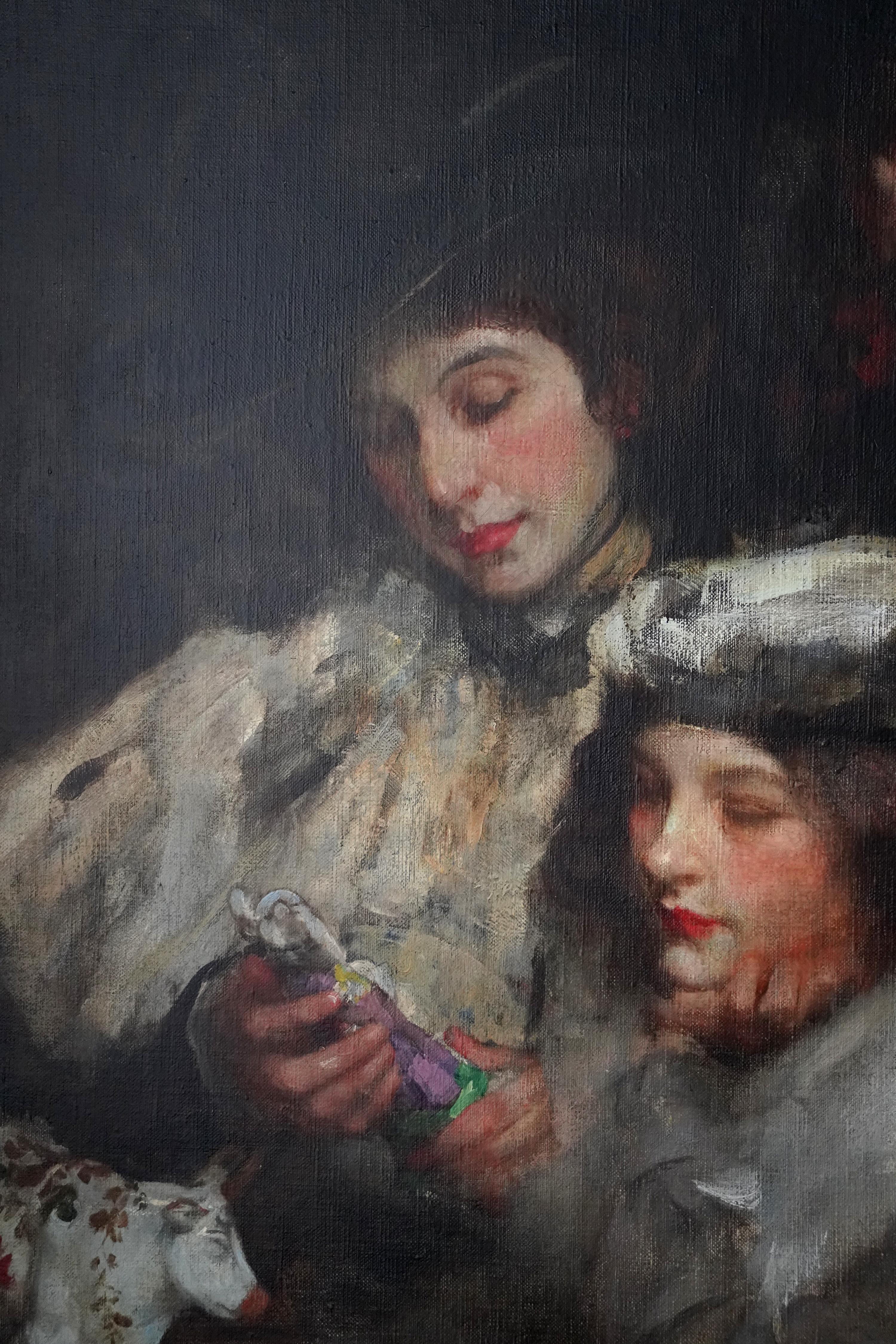 This stunning British American Impressionist portrait oil on canvas painting is by Sir James Jebusa Shannon circa 1905. The painting is of the artist and his wife Florence and daughter Kitty. Shannon produced numerous superb portraits, including of