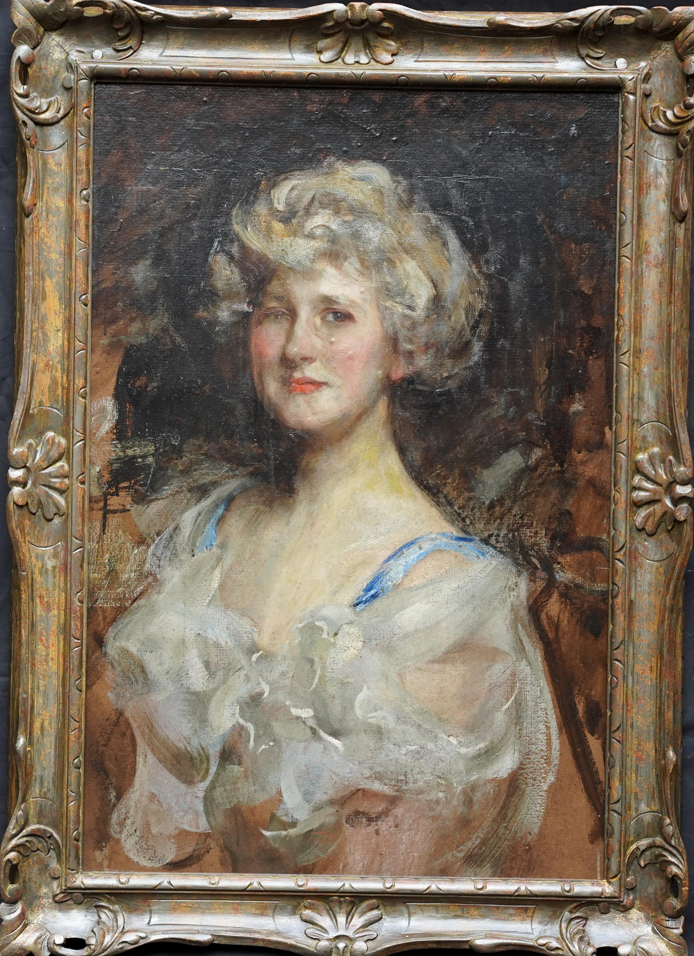 Portrait of a lady - British Edwardian Impressionist art portrait oil painting  For Sale 7