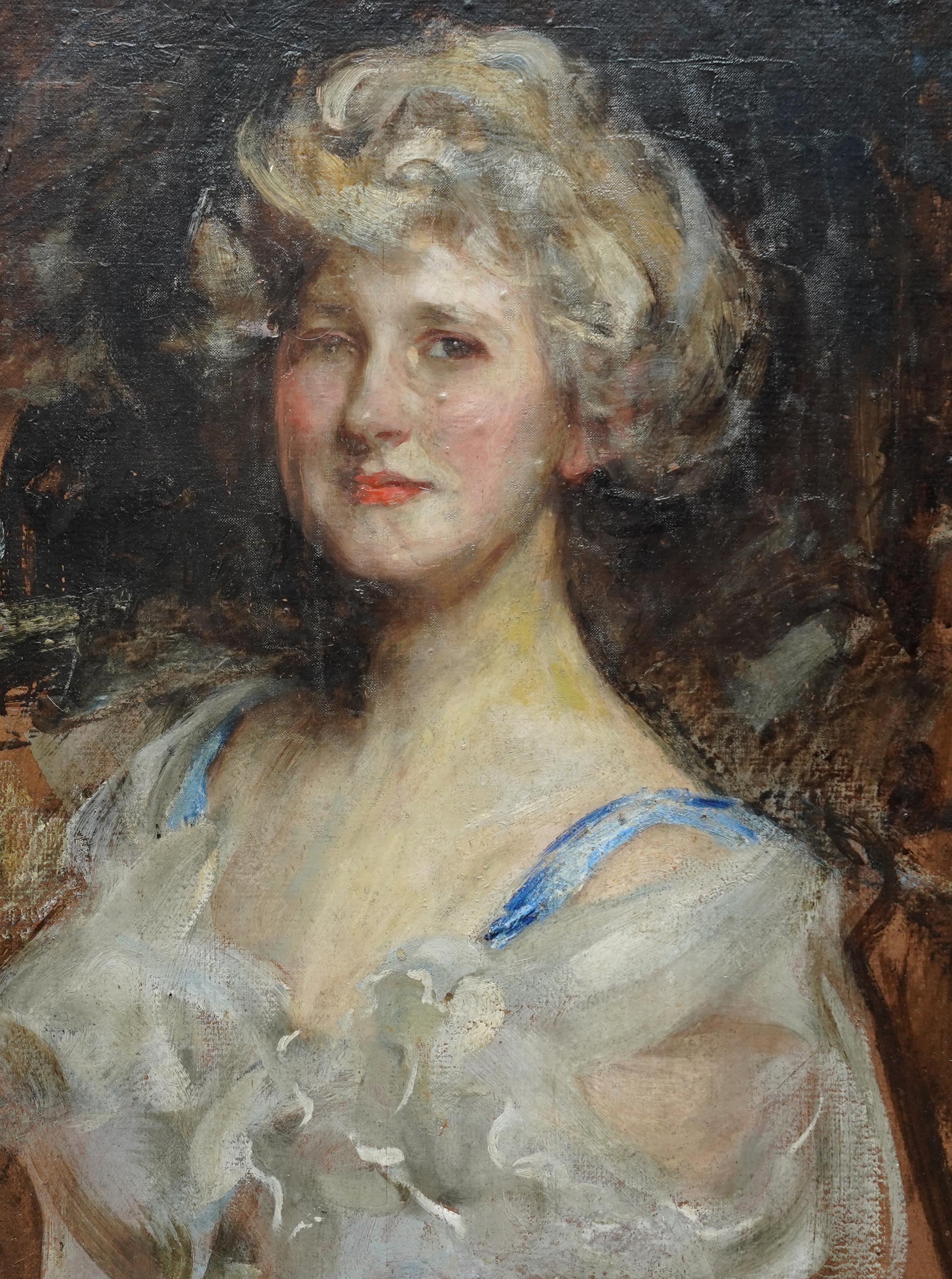  This superb British Edwardian Impressionist portrait oil painting is by noted portrait artist James Jebusa Shannon. Painted circa 1906, oil on panel and part of a family collection, it is a half length portrait of a blond lady in lace which is
