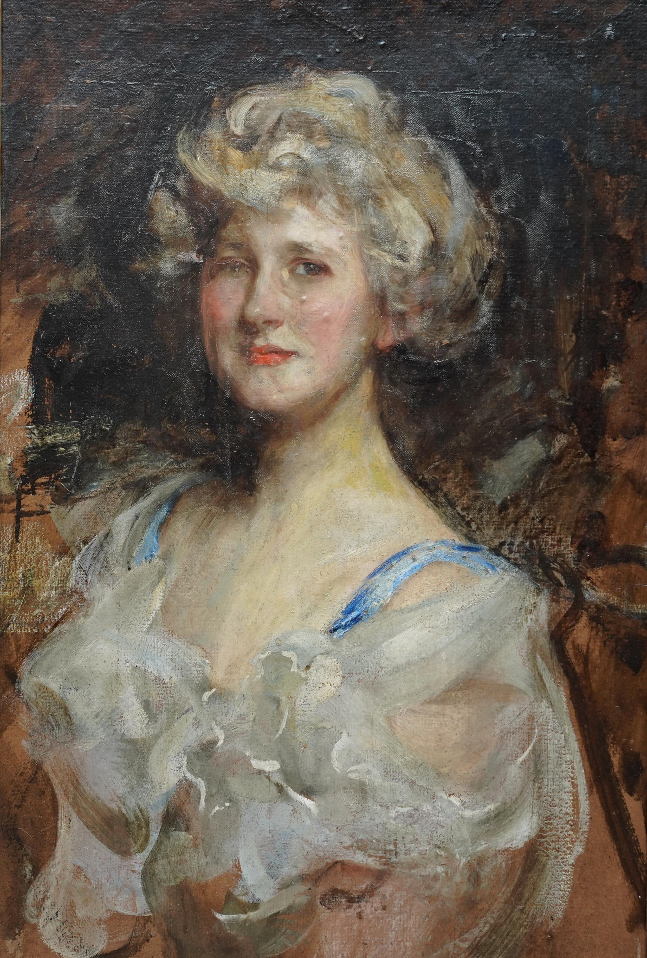 Portrait of a lady - British Edwardian Impressionist art portrait oil painting  For Sale 6