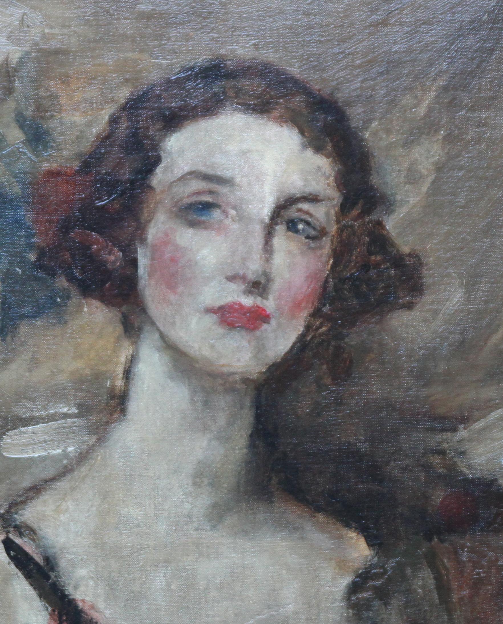 Ritratto di giovane donna - Ritratto femminile ad olio di arte britannica edoardiana - Portrait Painting Grigio di James Jebusa Shannon