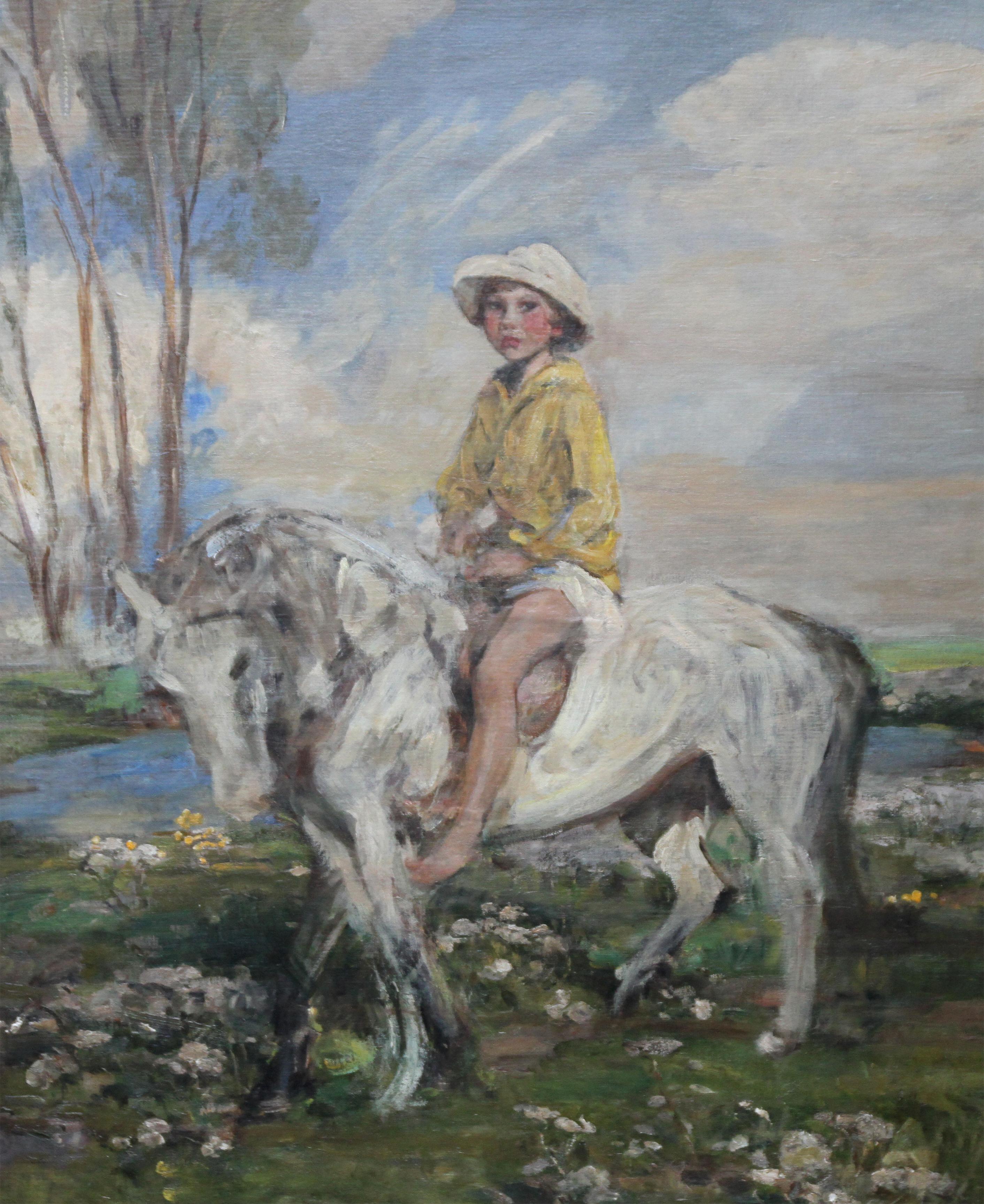 Portrait of Artist's Grandson - Edwardian Impressionist horse art oil painting - Painting by James Jebusa Shannon