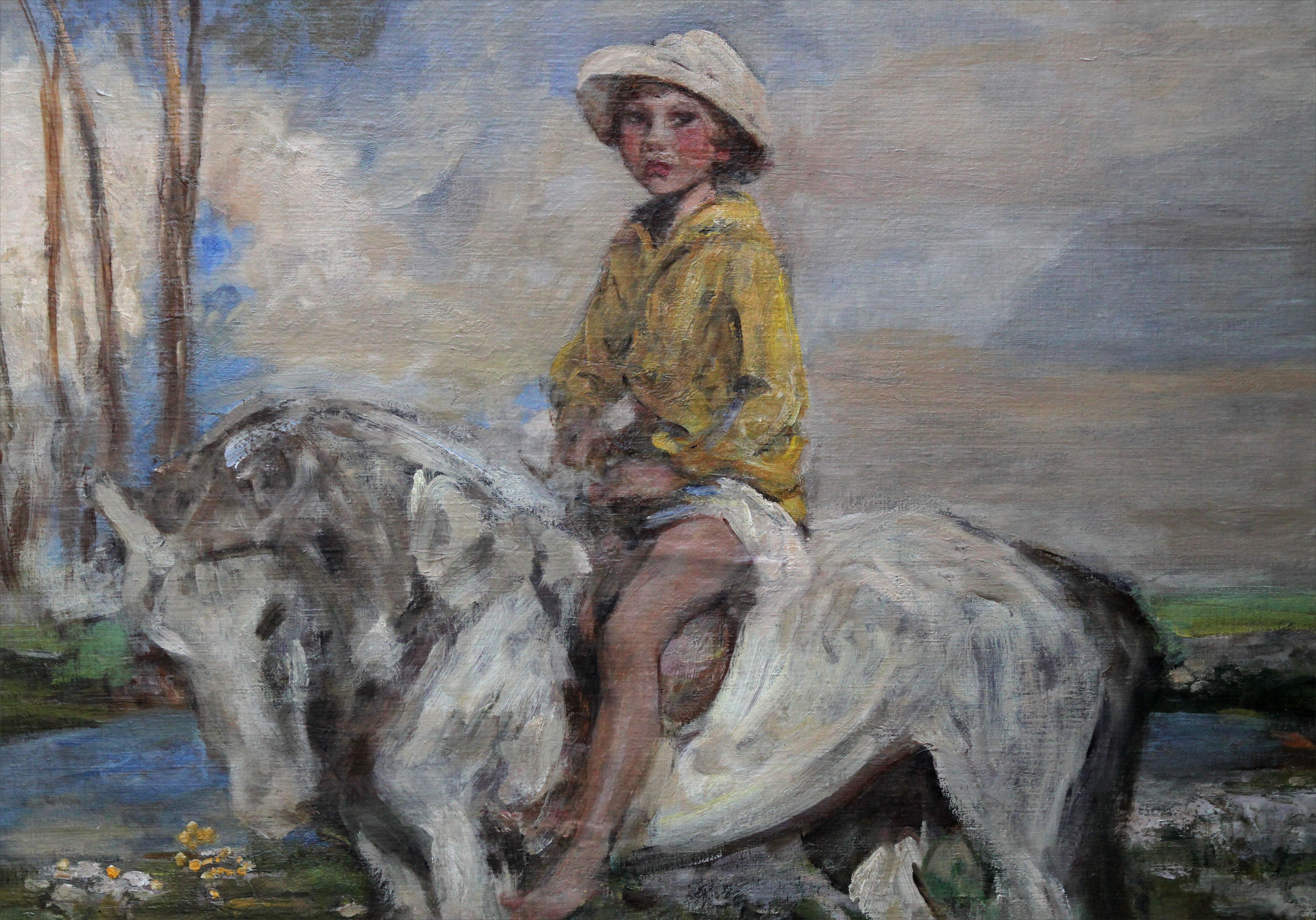 An original large oil on canvas/panel by Sir James Jebusa Shannon. The portrait dates to the Edwardian period and depicts a bold British Impressionist painting of his grandson Jeb Keigwin on a pony. Housed in an ebonised frame of the period. A