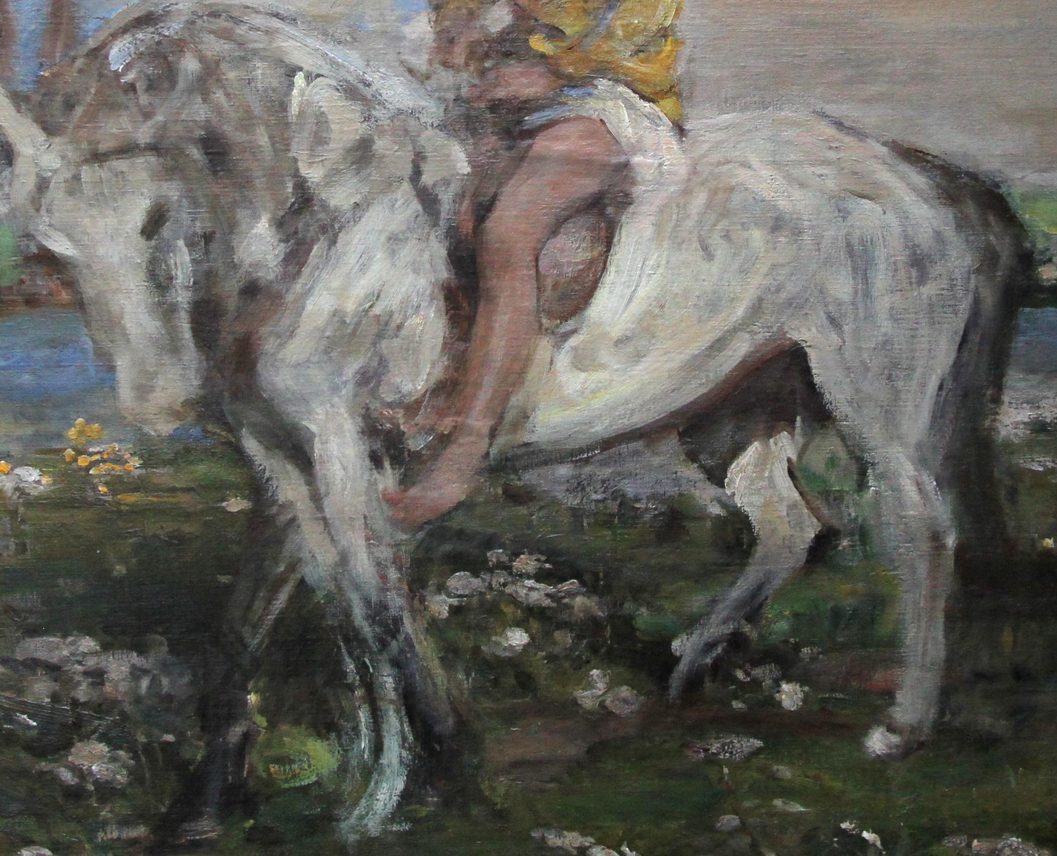 Ein großes Originalöl auf Leinwand/Panel von Sir James Jebusa Shannon. Das Porträt stammt aus der Edwardianischen Zeit und zeigt ein kühnes Gemälde des britischen Impressionismus, das seinen Enkel Jeb Keigwin auf einem Pony zeigt. Untergebracht in