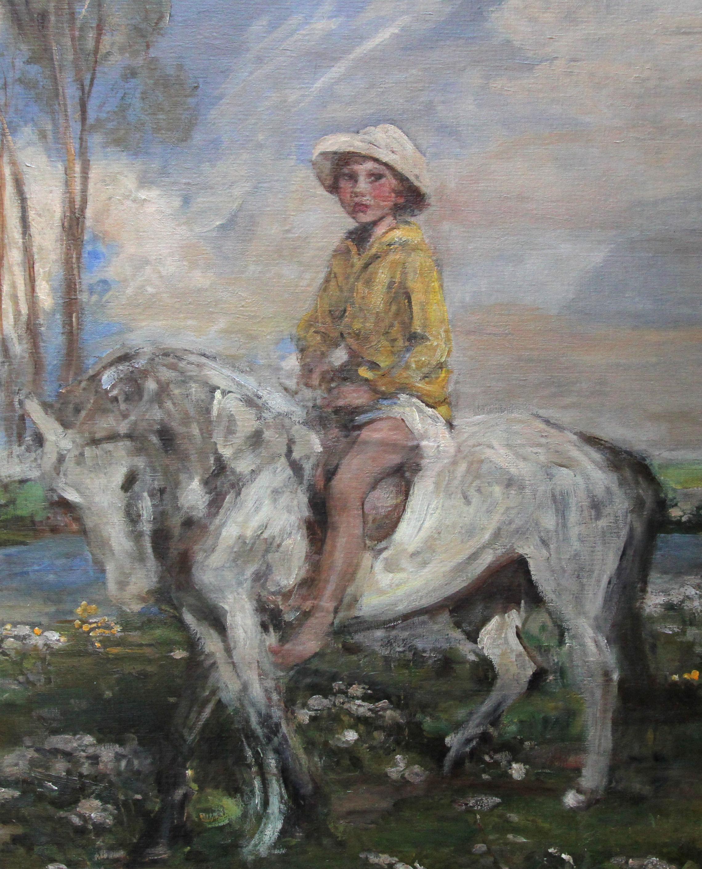 Portrait of Artist's Grandson - Edwardian Impressionist horse art oil painting For Sale 5