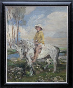 Antique Portrait of Artist's Grandson - Edwardian Impressionist horse art oil painting