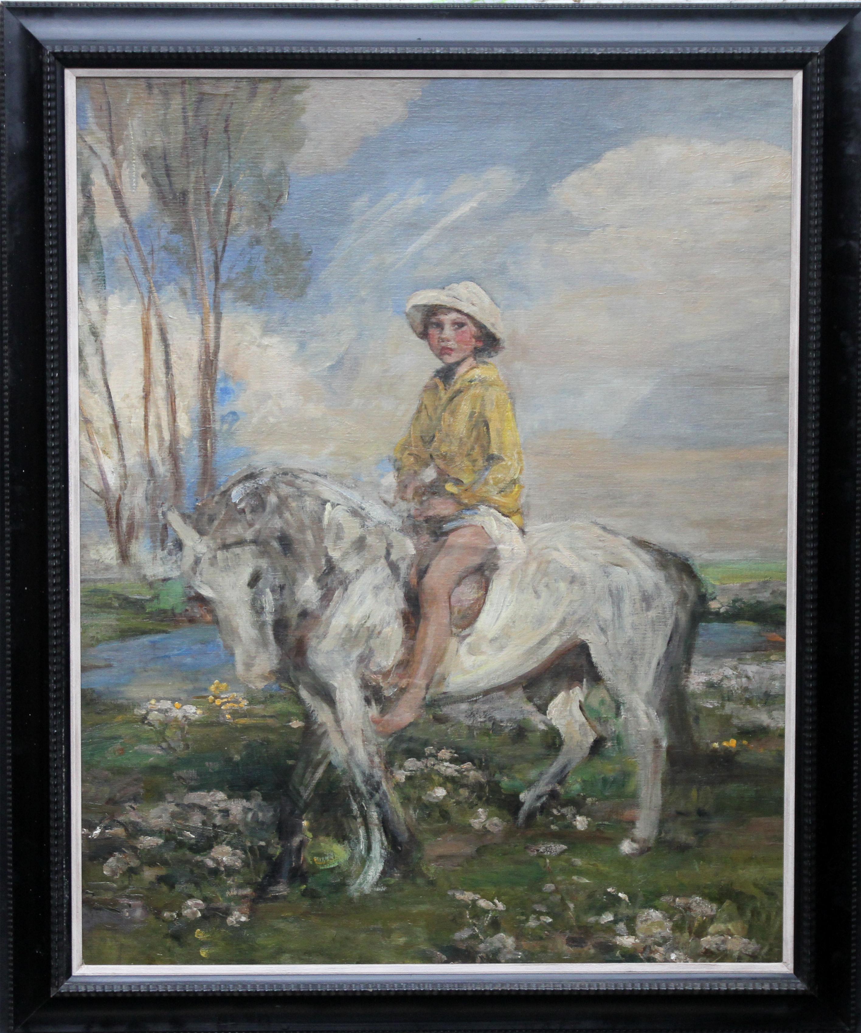James Jebusa Shannon Portrait Painting – Porträt des Künstlers Grandson – edwardianisches impressionistisches Ölgemälde mit Pferdemotiven