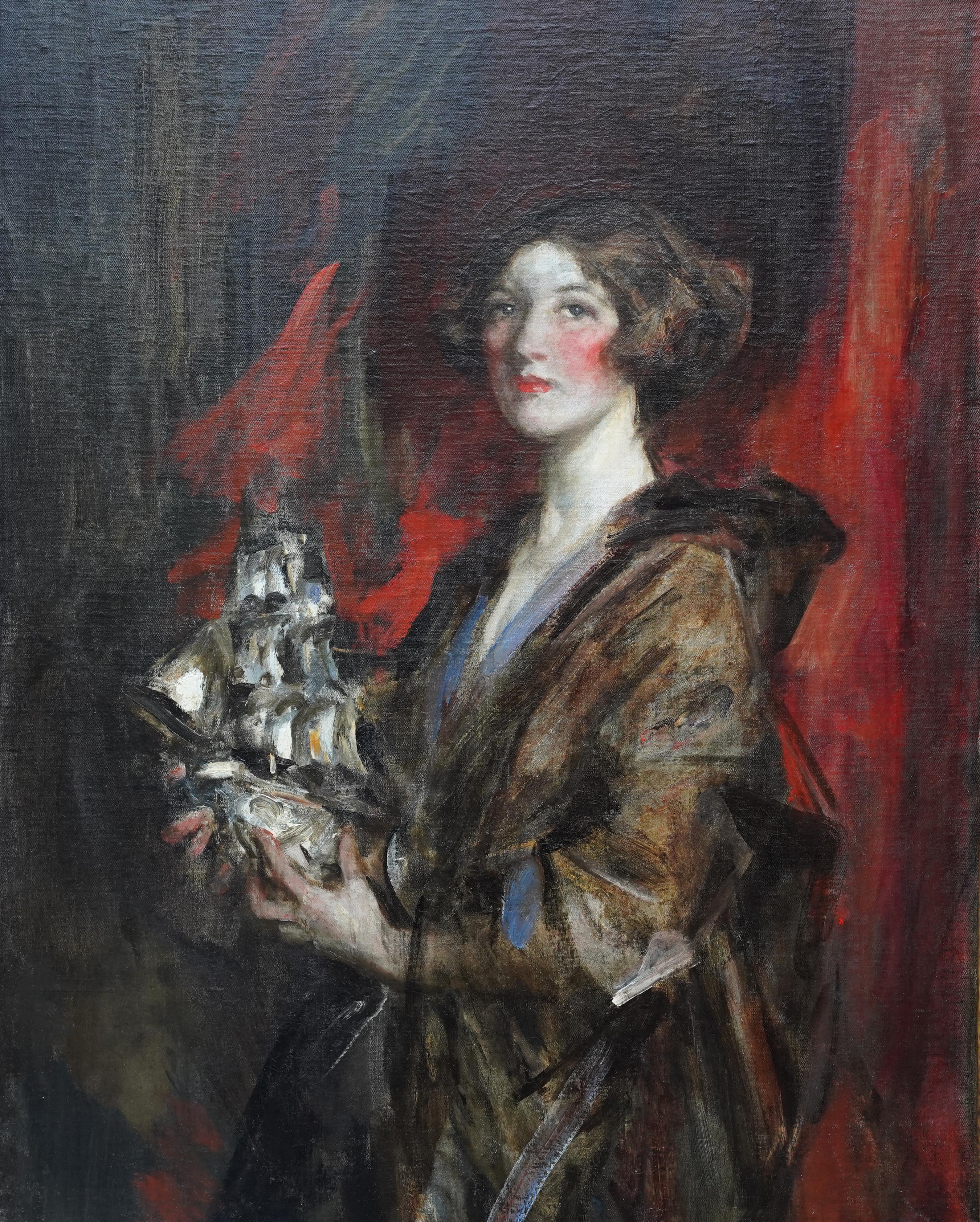 Porträt von Kitty und Silberschiff - Britisches edwardianisches impressionistisches Ölgemälde – Painting von James Jebusa Shannon