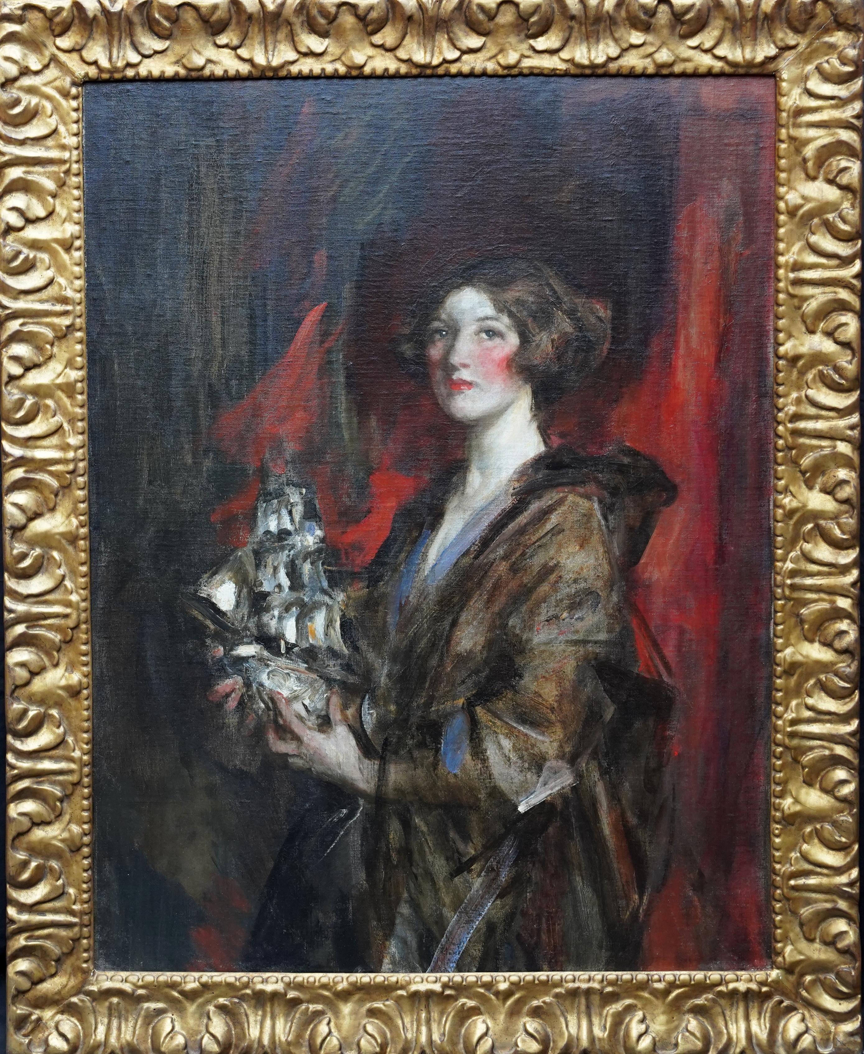 James Jebusa Shannon Portrait Painting – Porträt von Kitty und Silberschiff - Britisches edwardianisches impressionistisches Ölgemälde