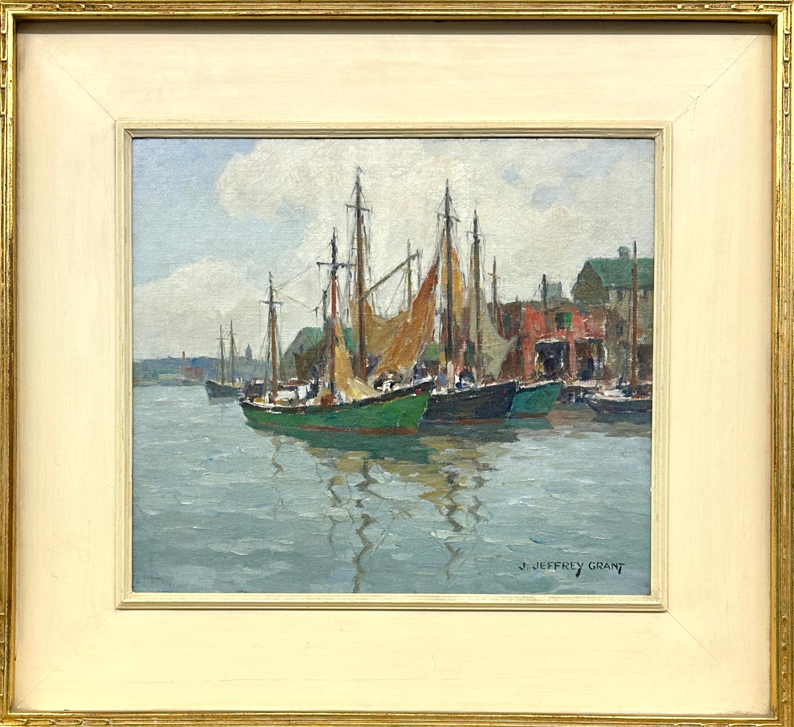 Drying the Sails, dock scene Gloucester Harbor with fishing boats; mid-century - Painting by James Jeffrey Grant