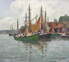 Les voiles sèches, scène de bateaux de croisière du port de Gloucester avec bateaux de pêche ; milieu du siècle