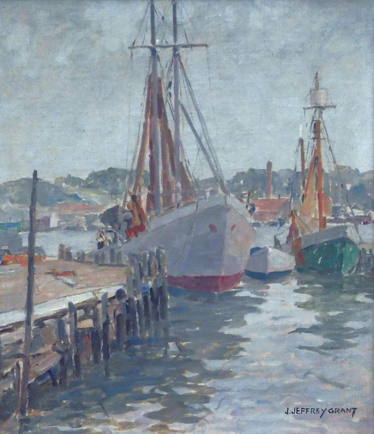 J. Jeffrey Grant, Ölgemälde auf Karton, ca. 1930er Jahre, Schiffe im Dock – Painting von James Jeffrey Grant