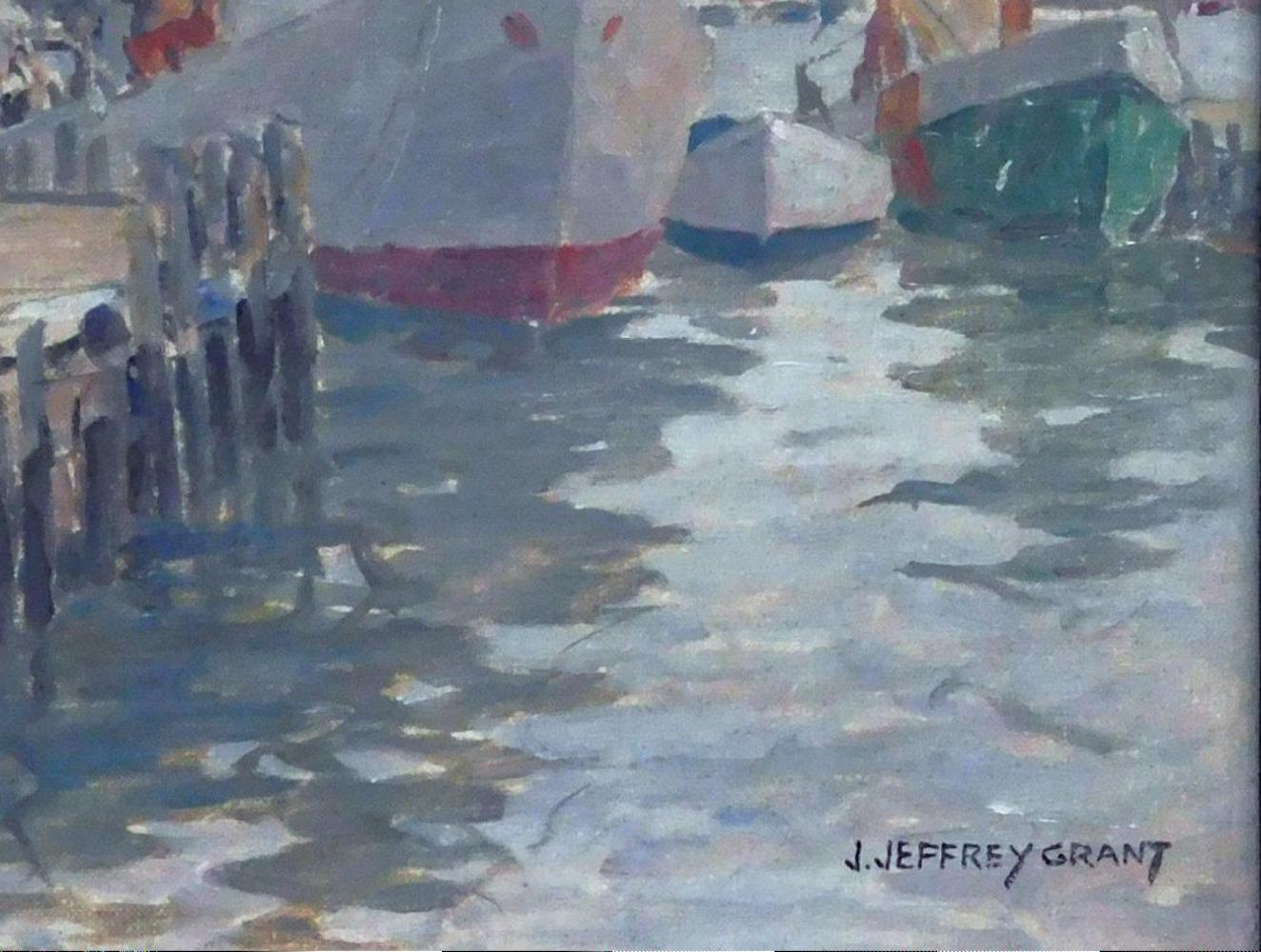 J. Jeffrey Grant, Ölgemälde auf Karton, ca. 1930er Jahre, Schiffe im Dock (Grau), Landscape Painting, von James Jeffrey Grant