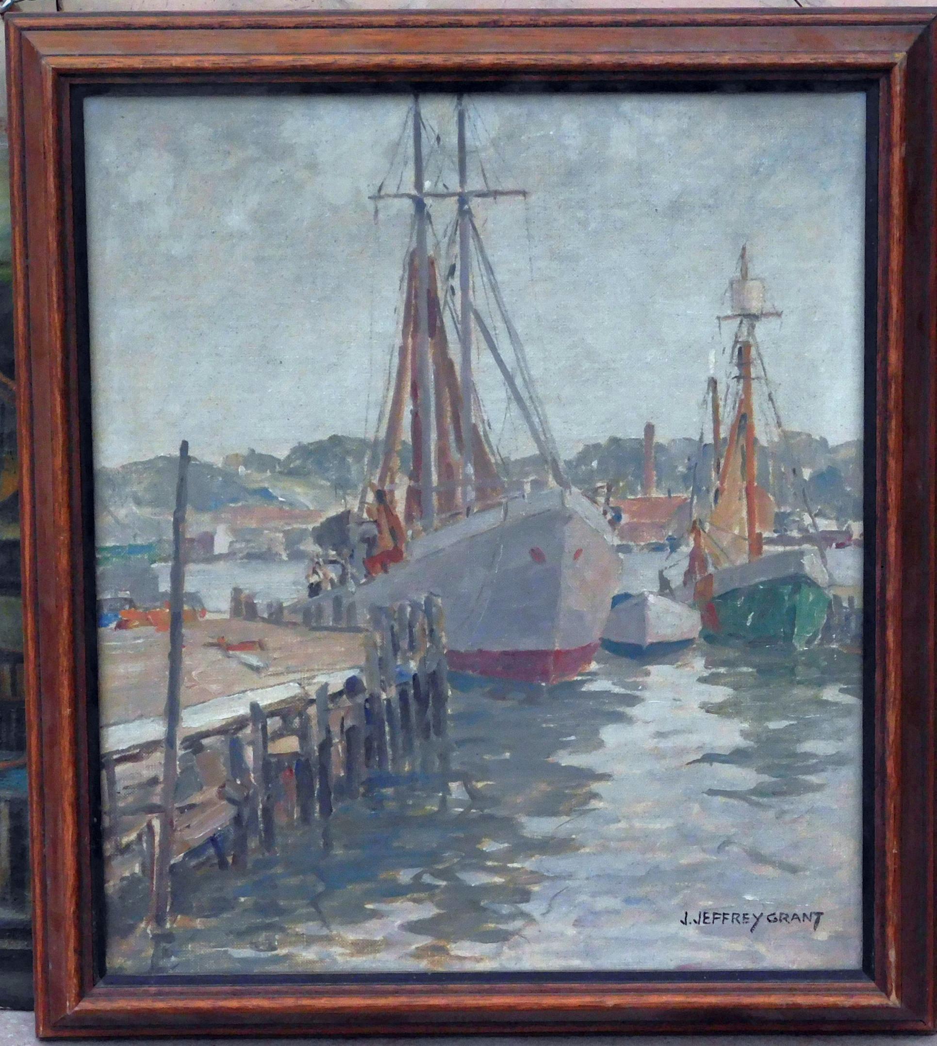 J. Jeffrey Grant, Ölgemälde auf Karton, ca. 1930er Jahre, Schiffe im Dock im Angebot 1