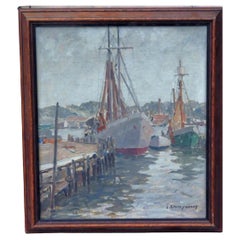 J. Jeffrey Grant Óleo sobre tabla, circa años 30 - Barcos en el muelle