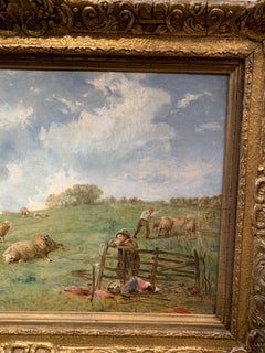 19th century English Antique oil landscape of sheep, shepherd, and cottage
