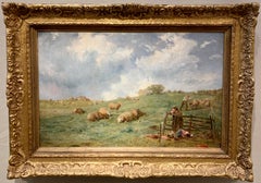 19th century English Antique oil landscape of sheep, shepherd, and cottage