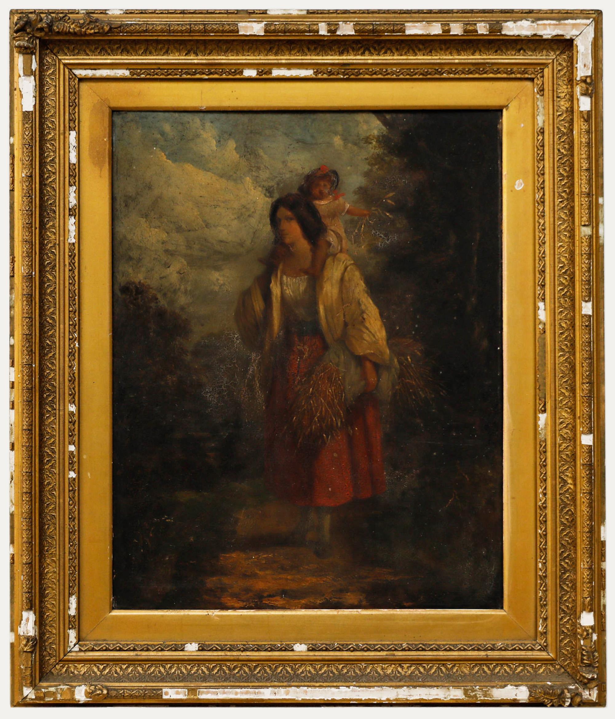 A charming oil study depicting a mother gathering hay with a child upon her shoulders. In need of full restoration. Unsigned. Presented in a gilt frame, also in need of restoration. On panel. 
