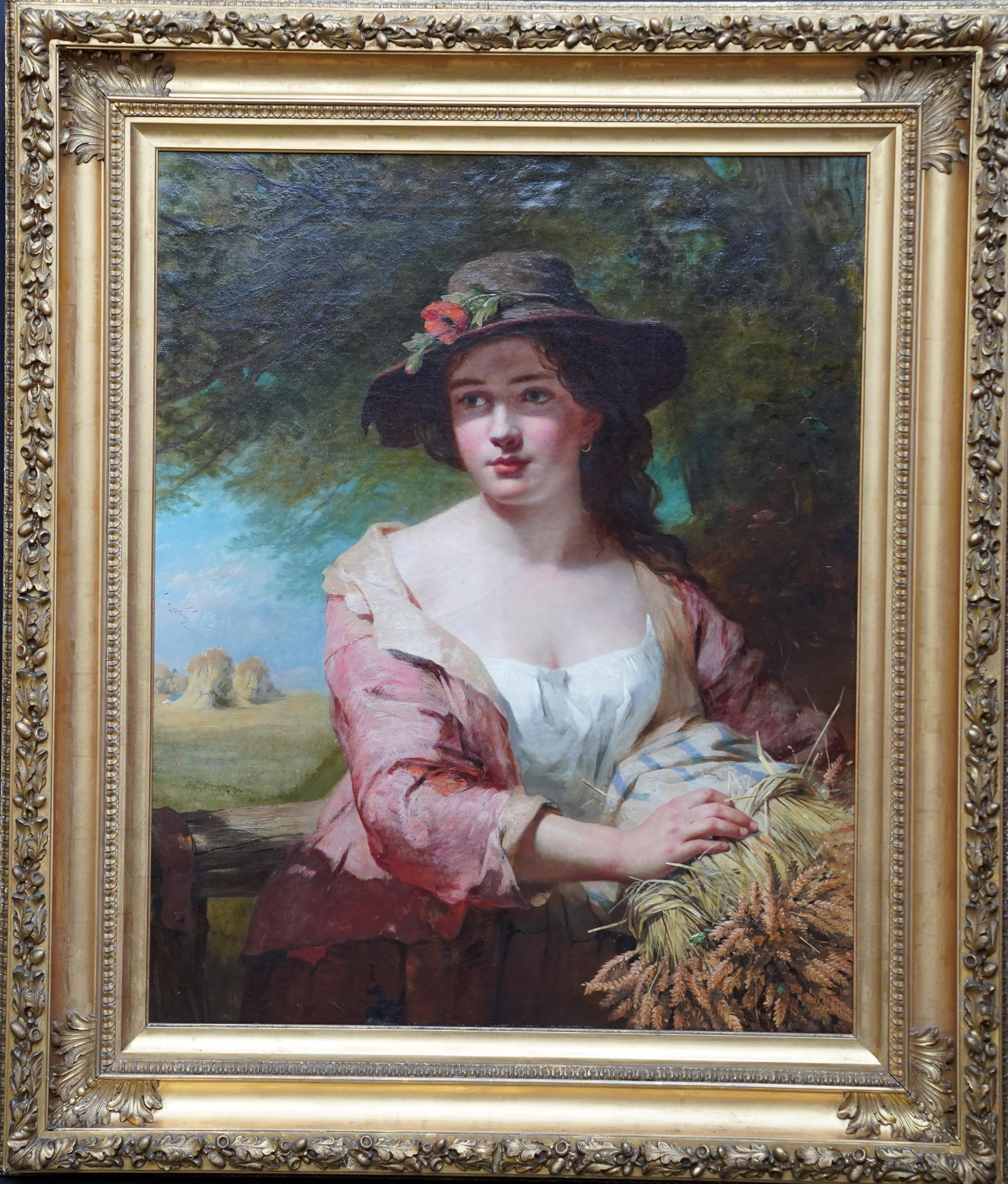 James John Hill Landscape Painting - Portrait of a Gleaner - British Victorian art harvest portrait oil painting 