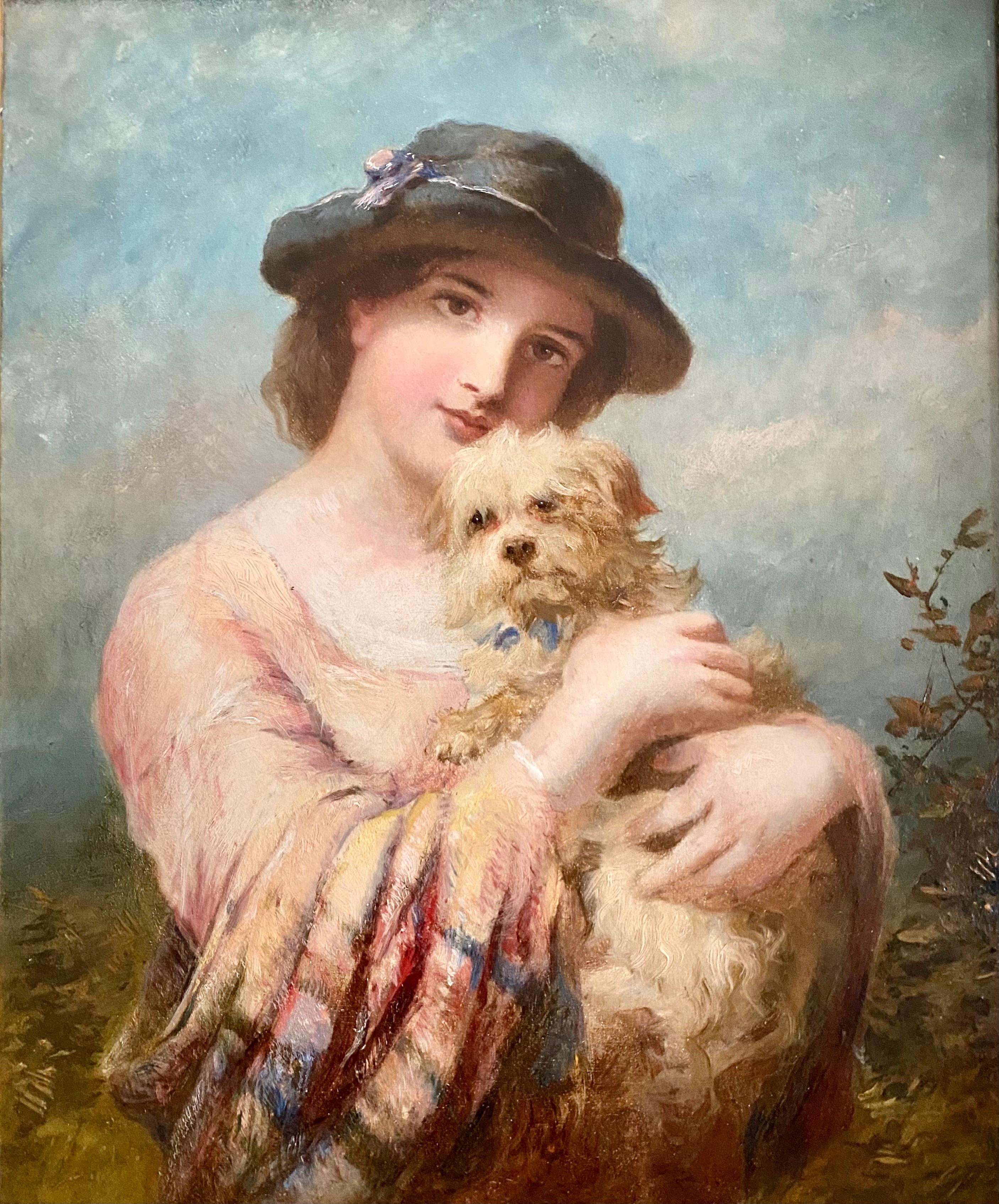A superb quality painting by James John Hill Rba (1811 - 1882). This wonderful 19th century painting is of a beautiful lady with her dog. The lady looks very stylish in a hat holding her pet. The quality of this painting is 2nd to none. Both the dog