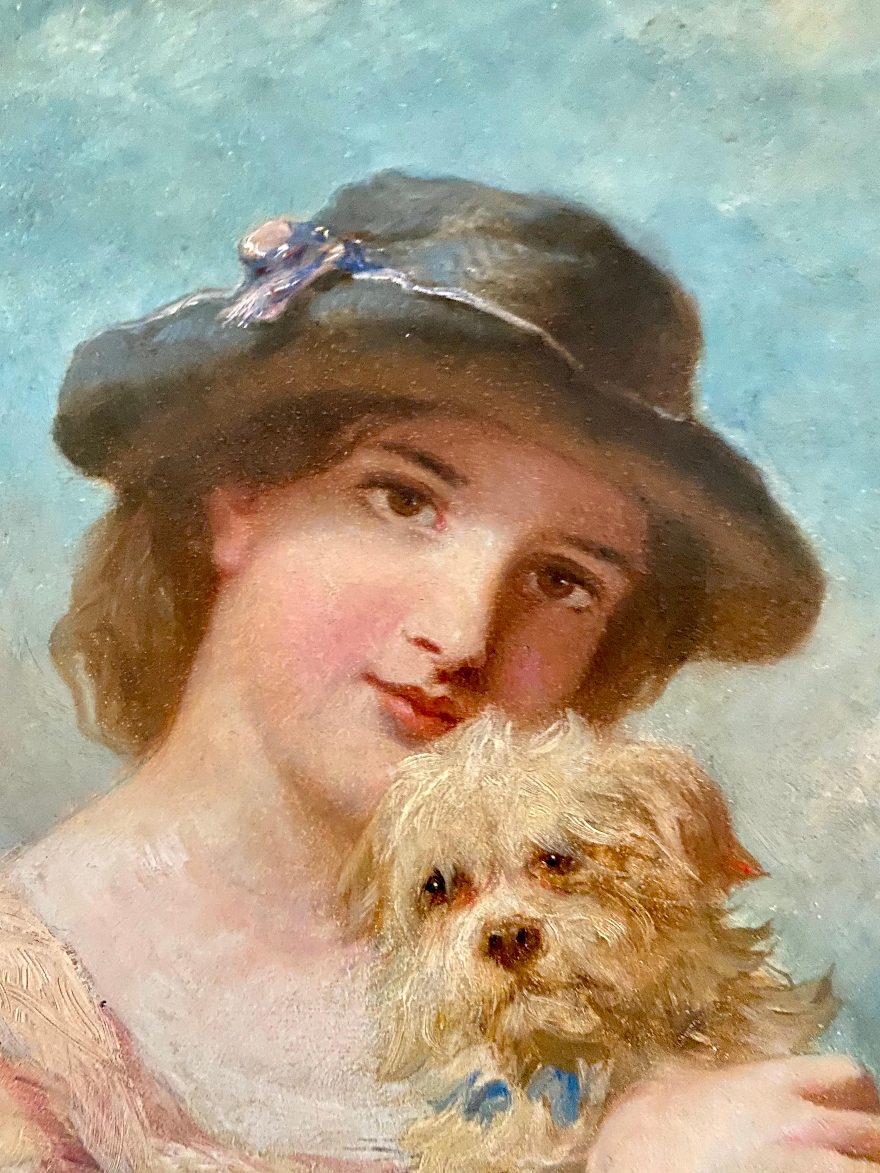 Peint « James John Hill Rba a Lady and Her Dog », huile sur toile en vente