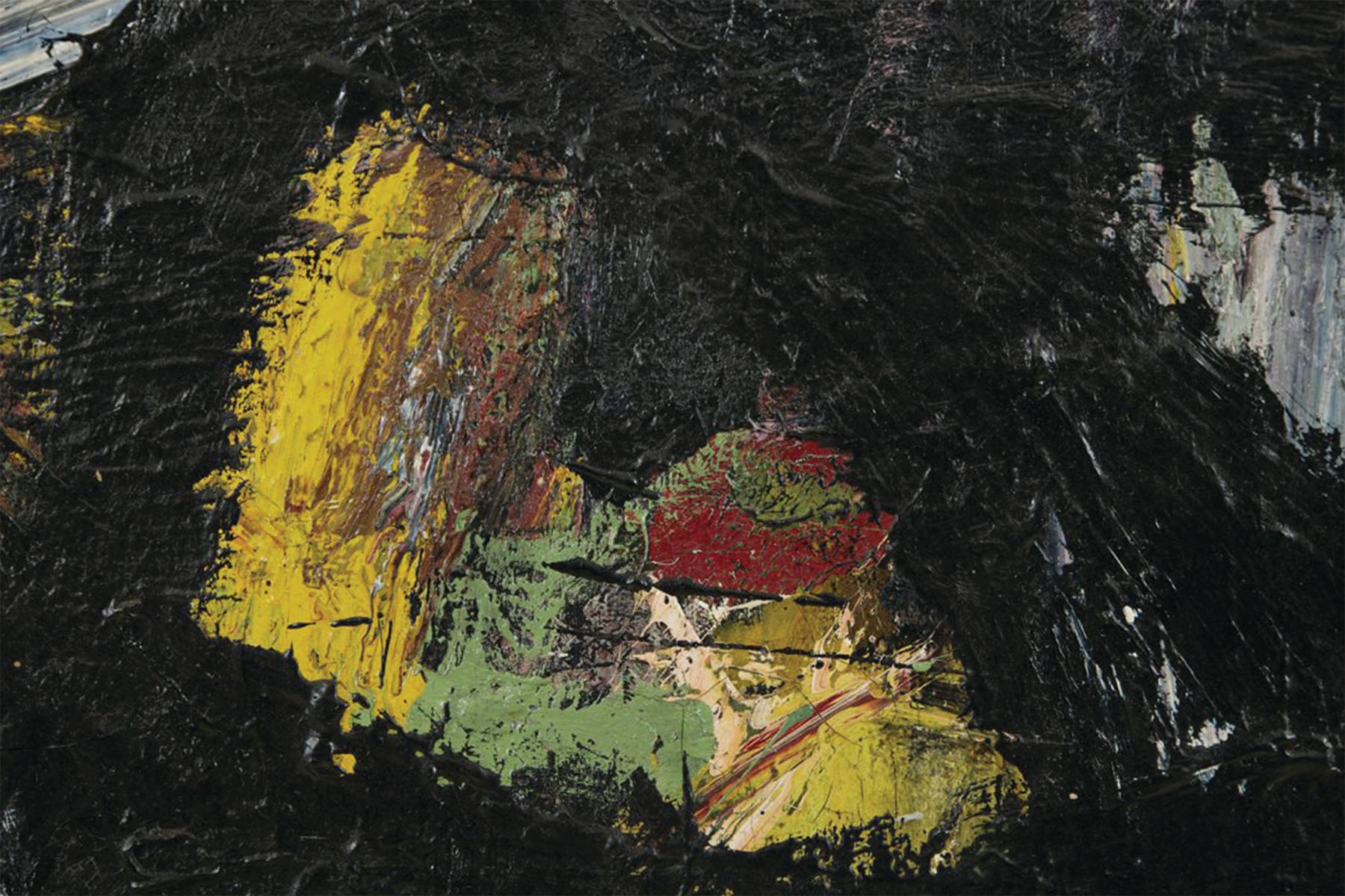 James Johnson (americano, 1925-1963)
M&M, anni '50 circa
Olio su tela
46 x 46 pollici

Alla fine degli anni '50, Johnson si trasferì con la moglie Marjorie e il figlio appena nato da Berkeley, in California, a Painseville, in Ohio. Lì, Johnson si