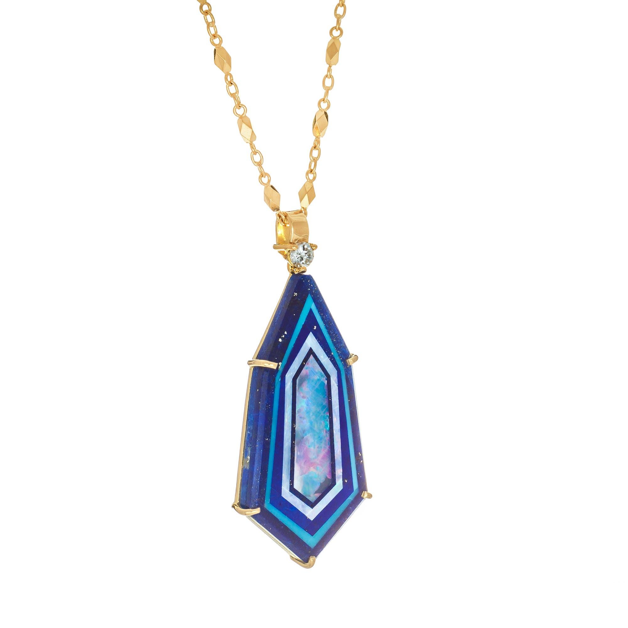 Signed James Kaufman, Multi-stone Inlay of all natural lapis, turquoise and opal inlay, with one round accent diamond, set in 18k yellow gold pendant and necklace.

1 multi stone lapis, turquoise, opal inlay 
1 round brilliant cut diamond I SI,