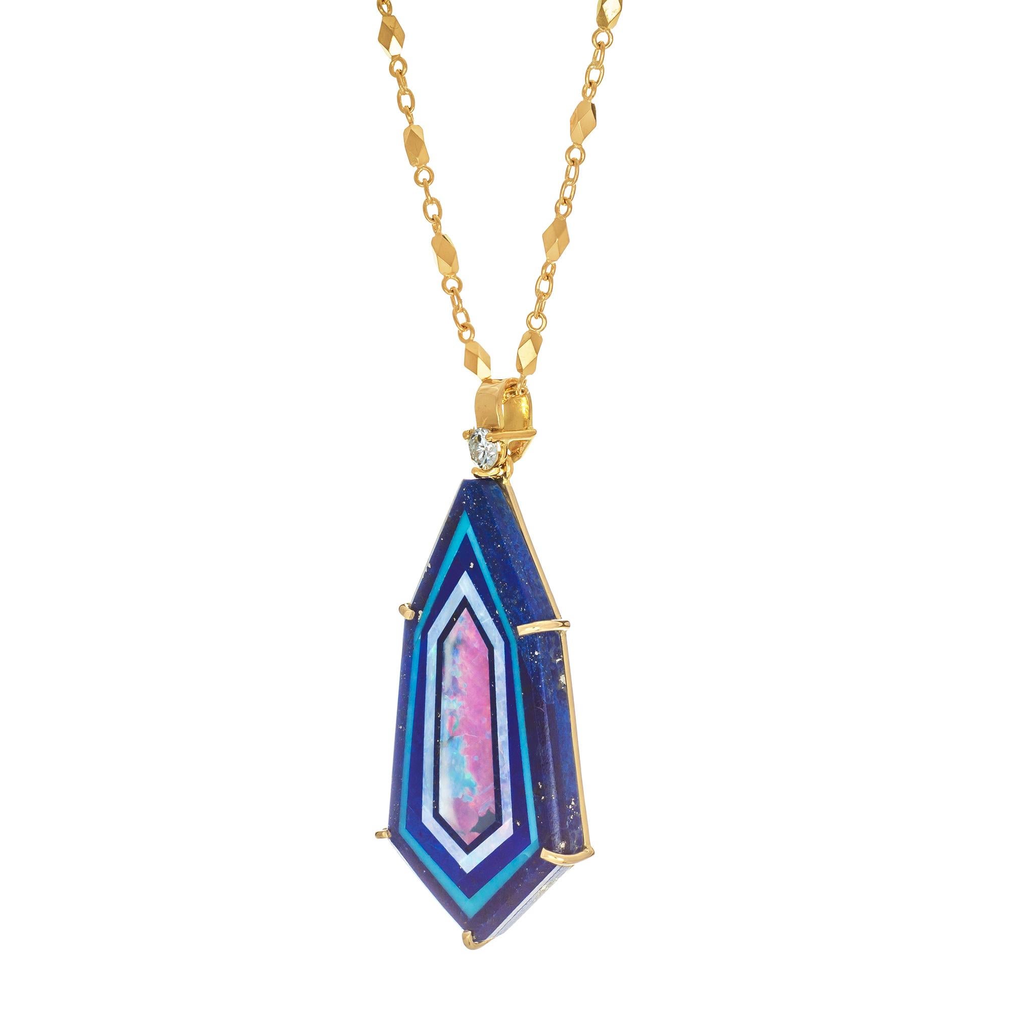 Round Cut James Kaufman Lapis Turquoise Opal Inlay Diamond Gold Pendant Necklace