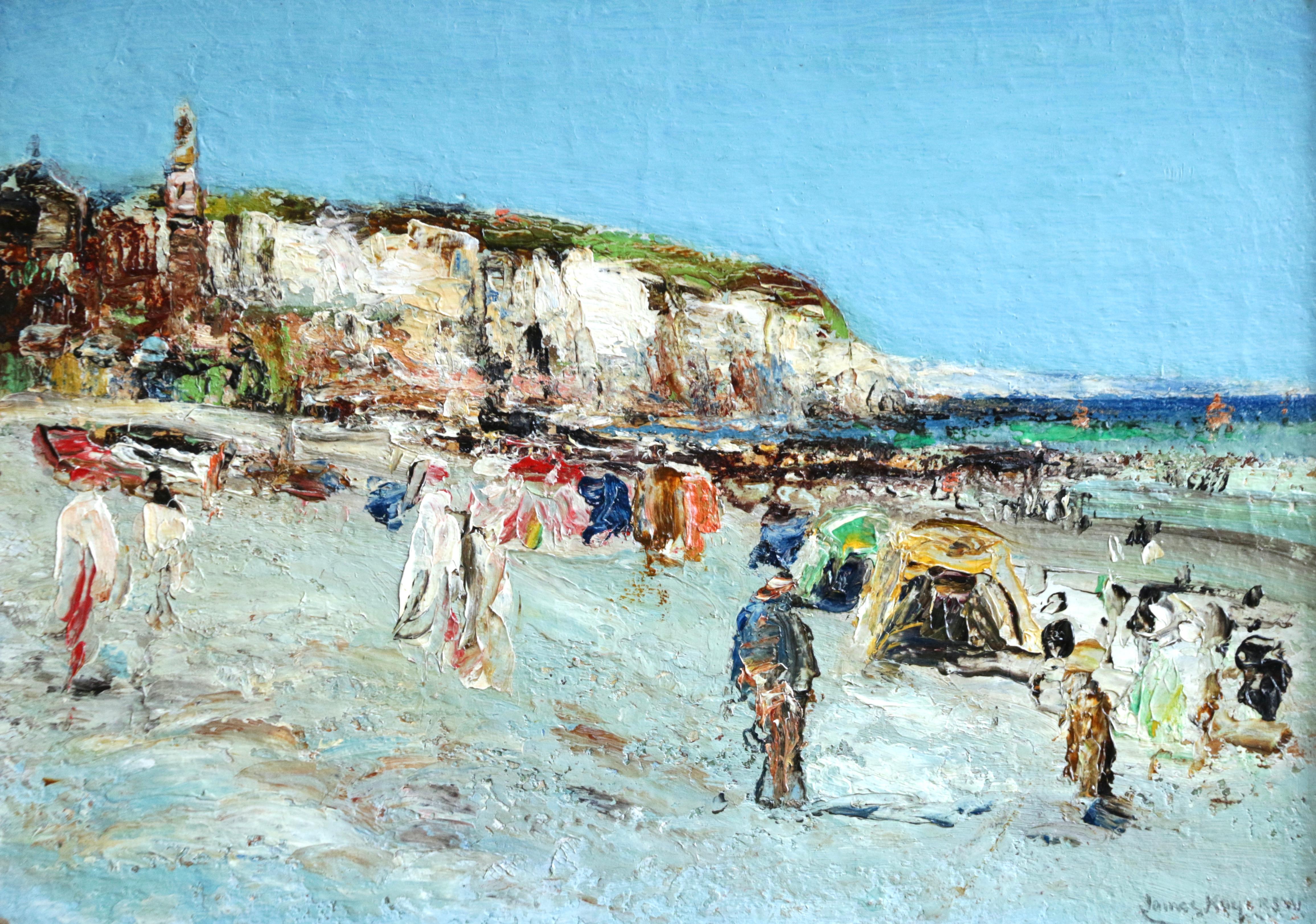 A truly splendid oil on board brightly depicting bathers on the beach of Dieppe signed and dated 1900 by the popular artist James Kay. 

Kay was born on the Isle of Arran, but after attending Glasgow School of Art he chose to settle on the mainland,