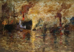 Steamers on the Clyde - Impressionist Oil, Boats on Riverscape by James Kay