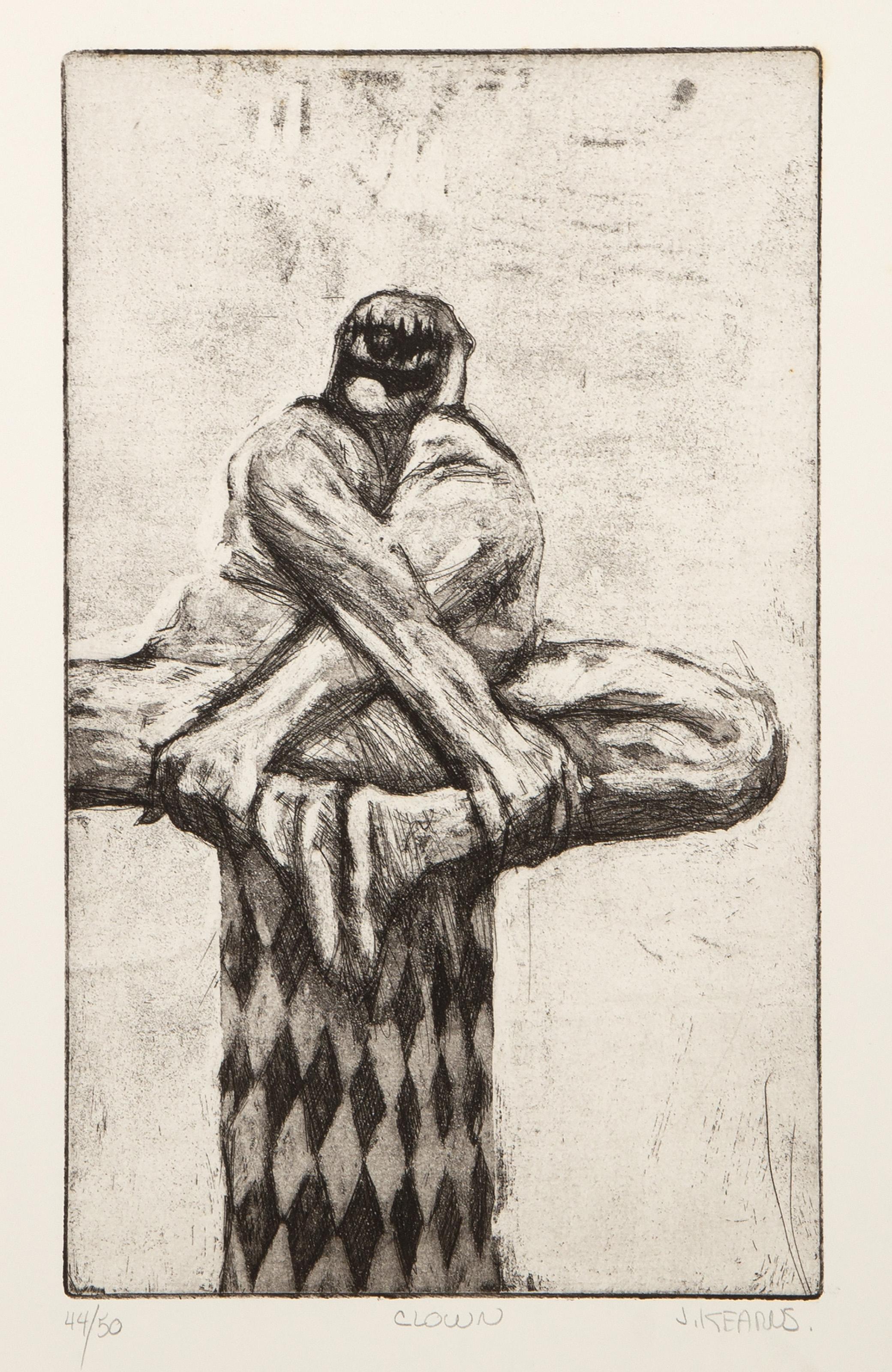  James Kearns, estadounidense (1924 - ) -  Payaso, Año: hacia 1975, Técnica: Aguafuerte sobre Rives, firmado, titulado y numerado, Edición: 44/50, Tamaño de la imagen: 14,5 x 8,75 pulgadas, Tamaño: 22 x 15 pulgadas (55,88 x 38,1 cm) 
