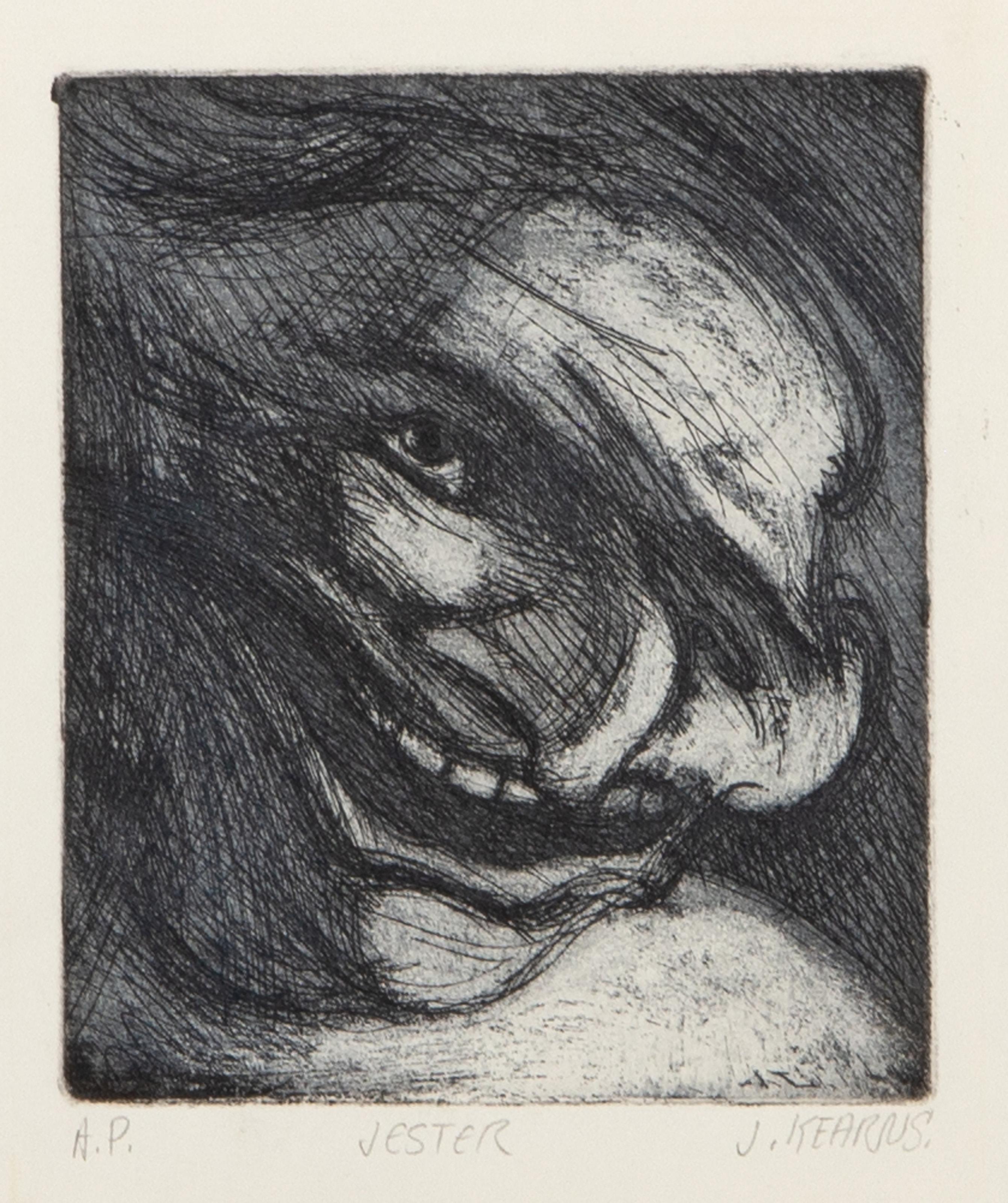  James Kearns, American (1924 - ) -  Jester, Year: circa 1975, Medium: Etching on Rives, signed, titled and numbered, Edition: AP, Image Size: 5.25 x 4.5 inches, Size: 19.75 x 12.5 in. (50.17 x 31.75 cm) 

