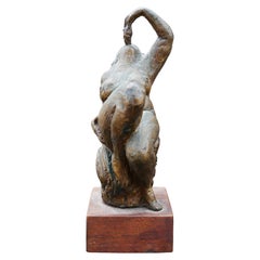 Modern Abstract Figurative Bronze Sculpture of Reclining Nude Female with Grapes