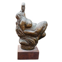 Modern Abstract Figurative Bronze Sculpture of Reclining Nude Female with Grapes