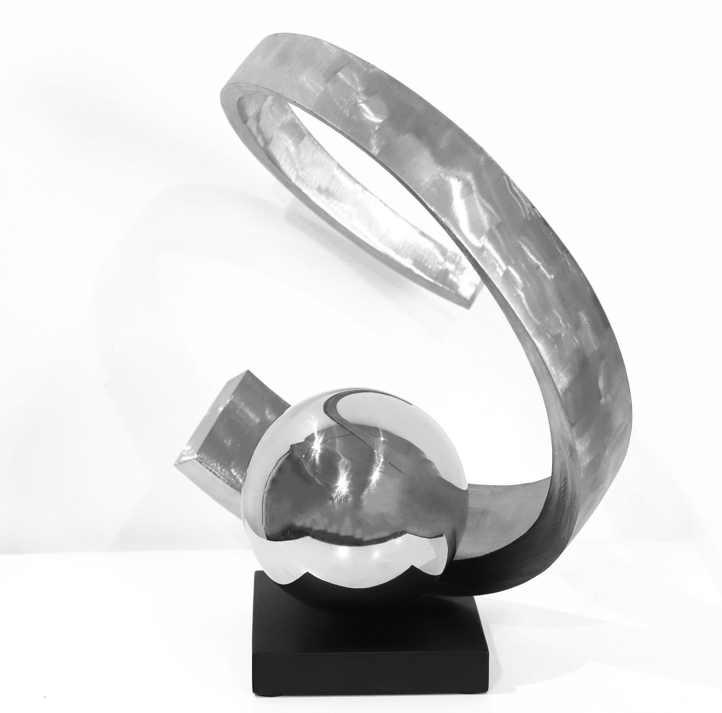 Follow Through - Original Sculpture Reflective and Matte Steel Ball and Circle For Sale 2