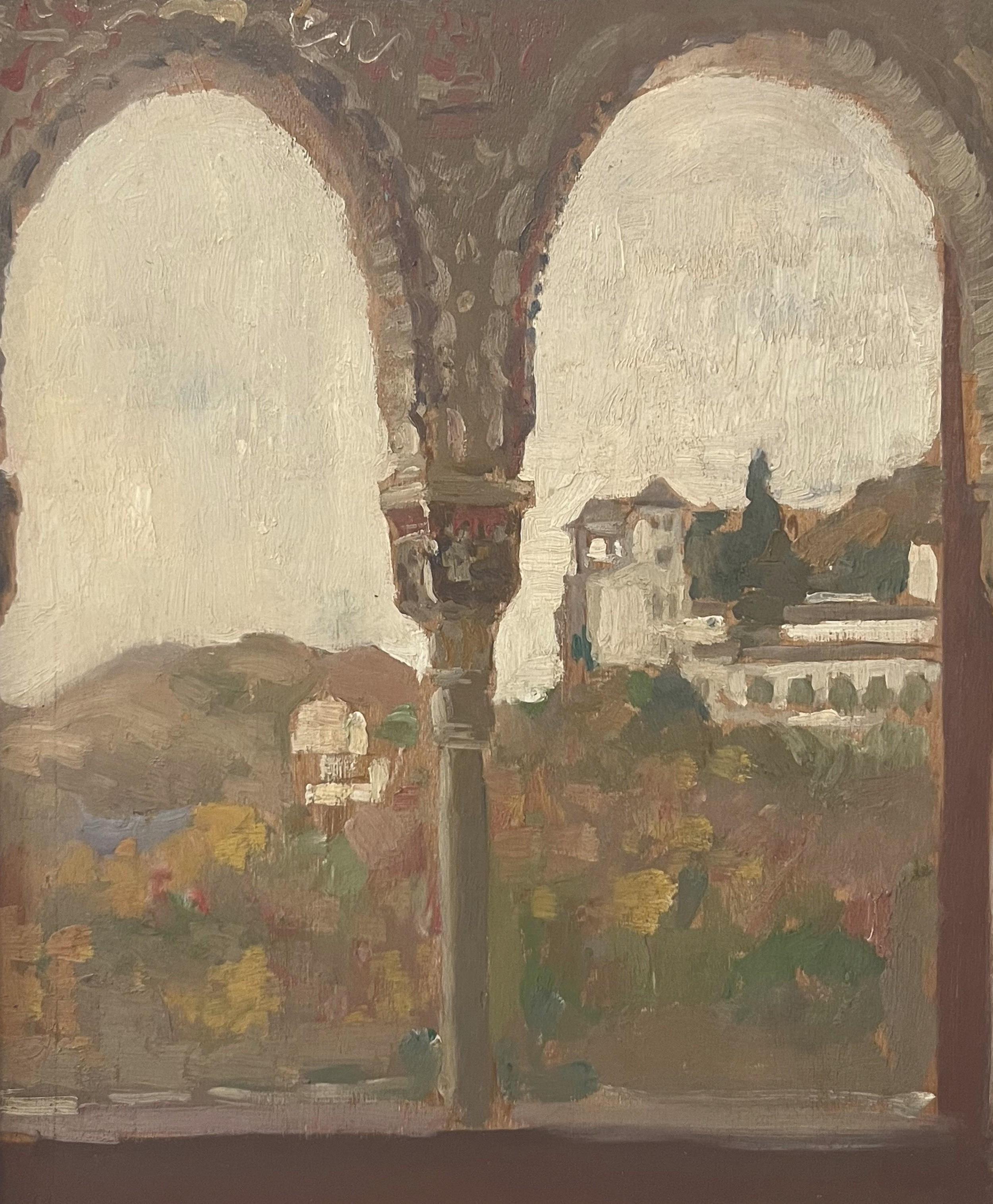James Kerr-Lawson (1864-1939) 
The Generaliffe seen from the Alhambra, Granada, 
oil on wood panel
30 x 24.5 cm
Title on the Hazlitt Gallery label on the back
Framed  43 x 38 cm

Provenance : Hazlitt Gallery London, label on the reverse of the