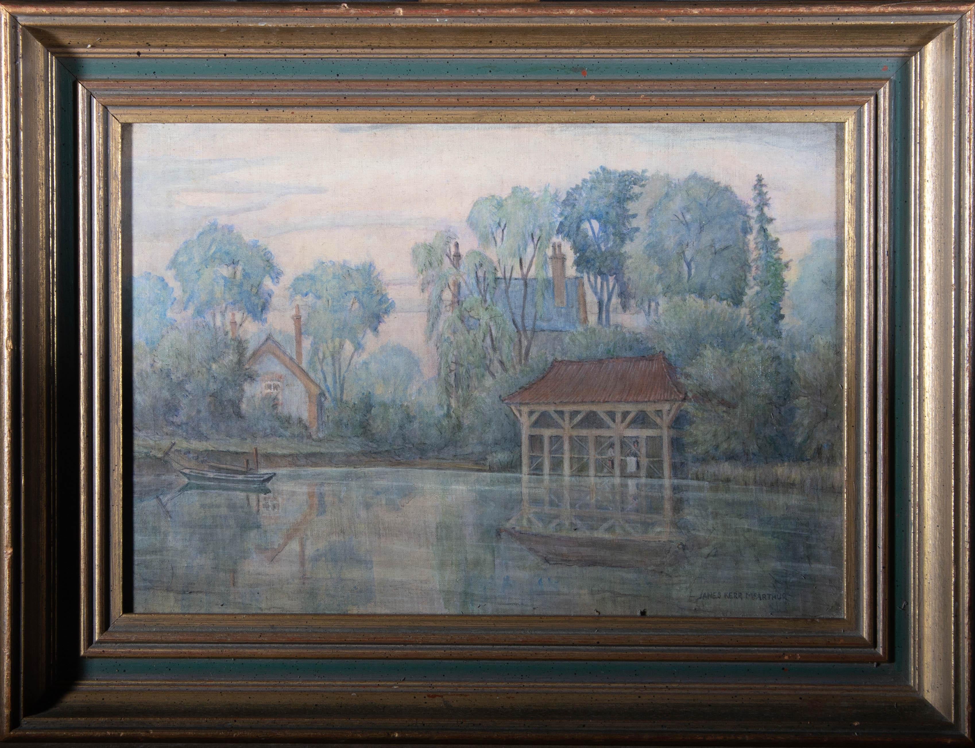 A dream like, impressionist river scene showing a wooden boat house on the water of the Seine at Clerey in France. The artist has captured a beautiful blushing dusk with great delicacy and the figures seen in the boat house add intrigue and