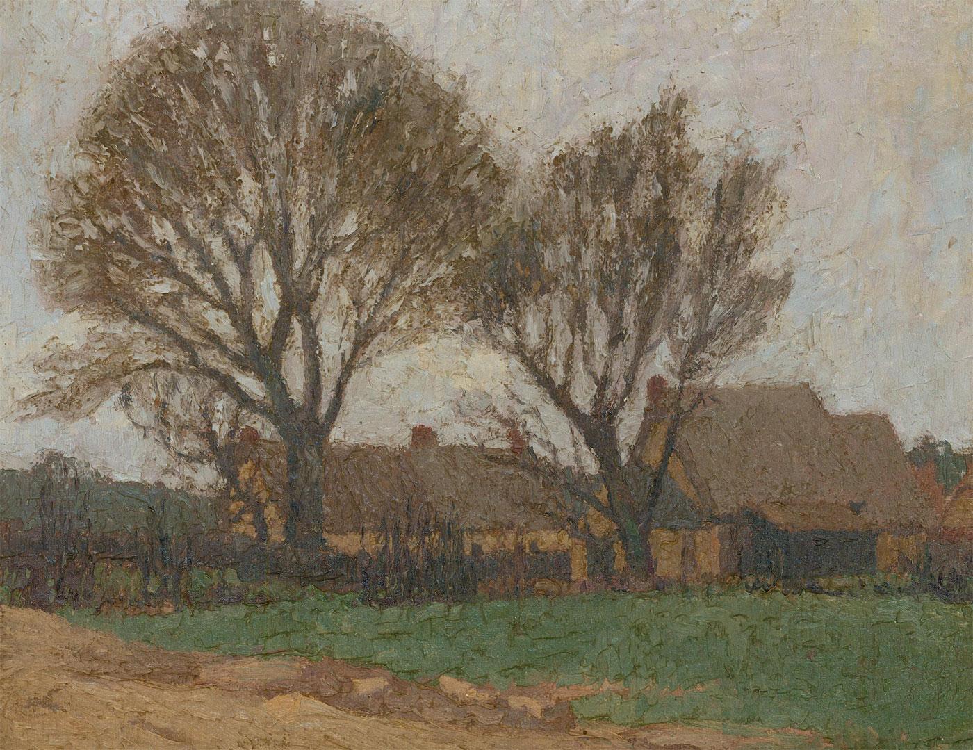 This delightful oil shows a large farmstead, viewed passed two brashly painted trees. A muted palette and plentiful impasto brings a likable charm to the whole landscape. The composition has been indistinctly signed to the reverse. On canvas laid to