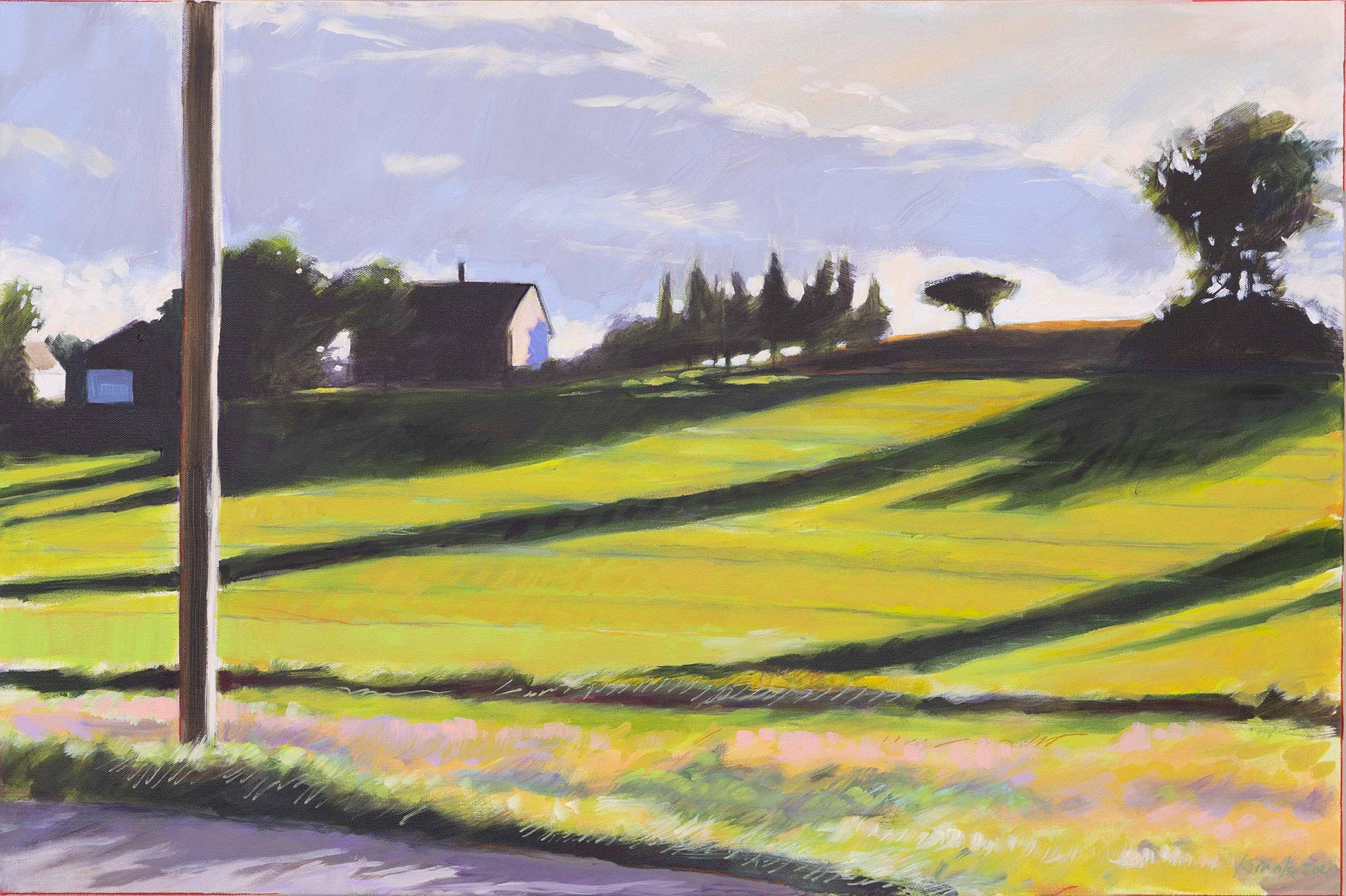 Long Shadows (Colorful Contemporary Hopper-esque landscape painting, Framed) - Painting by James Kimak