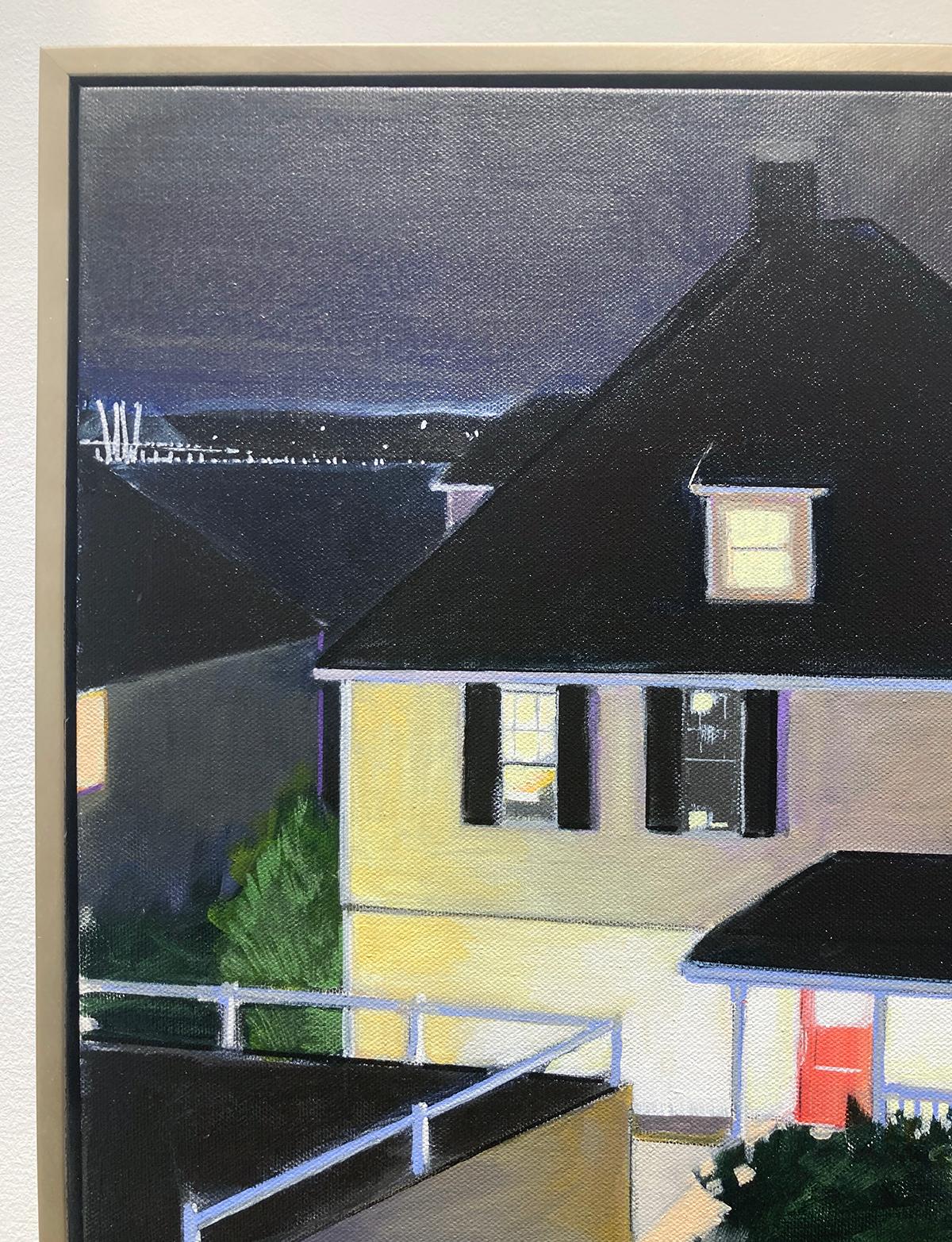 Modern landscape painting in the style of Edward Hopper of a white house with a red door against a dark night sky and river coastline 
