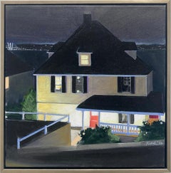 Red Door (Contemporary Night Landscape Painting, White Home on Hudson River)